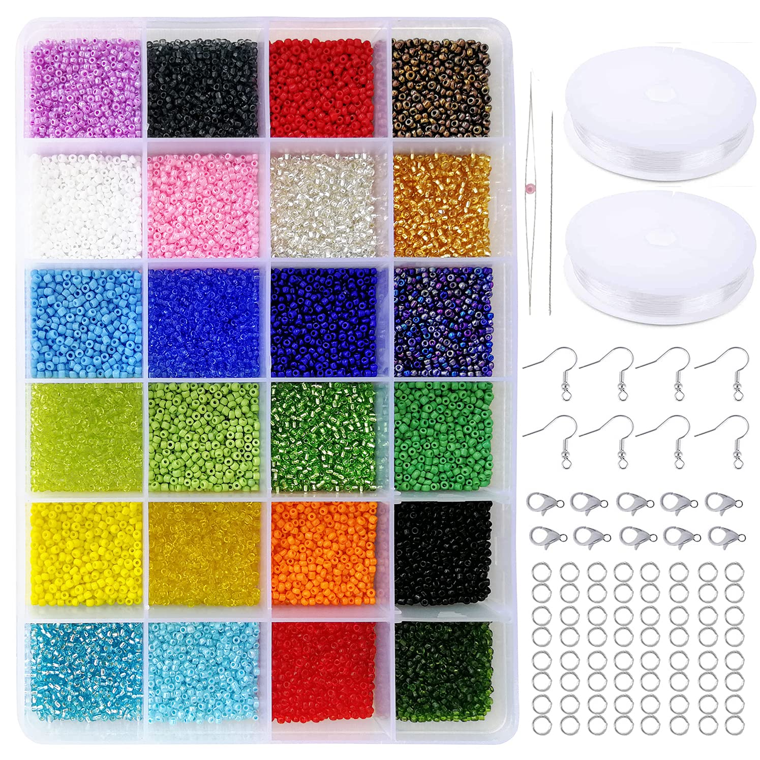 Tibaoffy - Perline in vetro, misura 12/0, 2 mm, con scatola organizer per gioielli (set da 24 colori assortiti