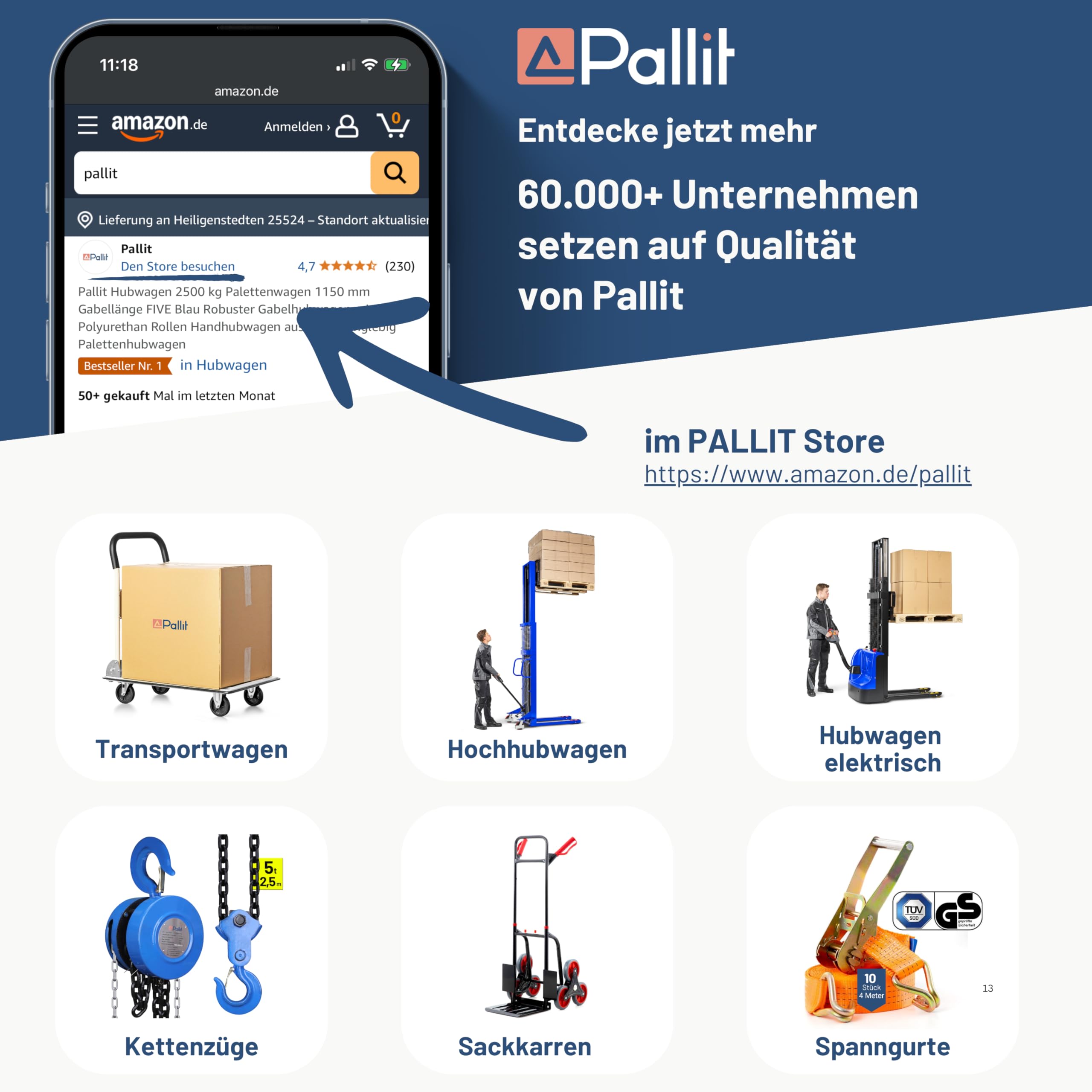 Pallit Kettenzug Flaschenzug 1000 kg Tragkraft mit 2,5 m langer Stahlkette Robuster Seilzug mit 360° drehbarer Haken, Mechanischer Lastbremse und Rücklaufsperre CHAIN-S