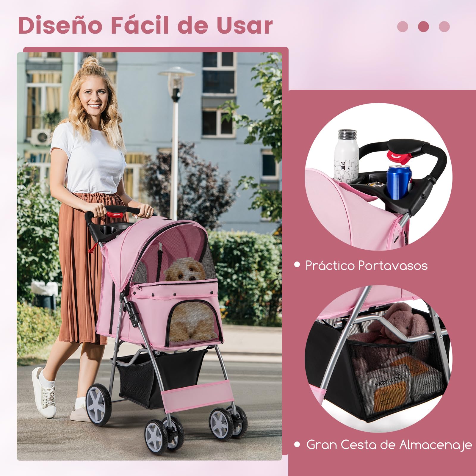 COSTWAY Cochecito para Mascotas Plegable, Cochecito de Mascotas de 4 Ruedas para Gatos/Perros, Carrito para Gatos con Cesta de Almacenamiento y Ventana de Malla impermeable (Rosado)