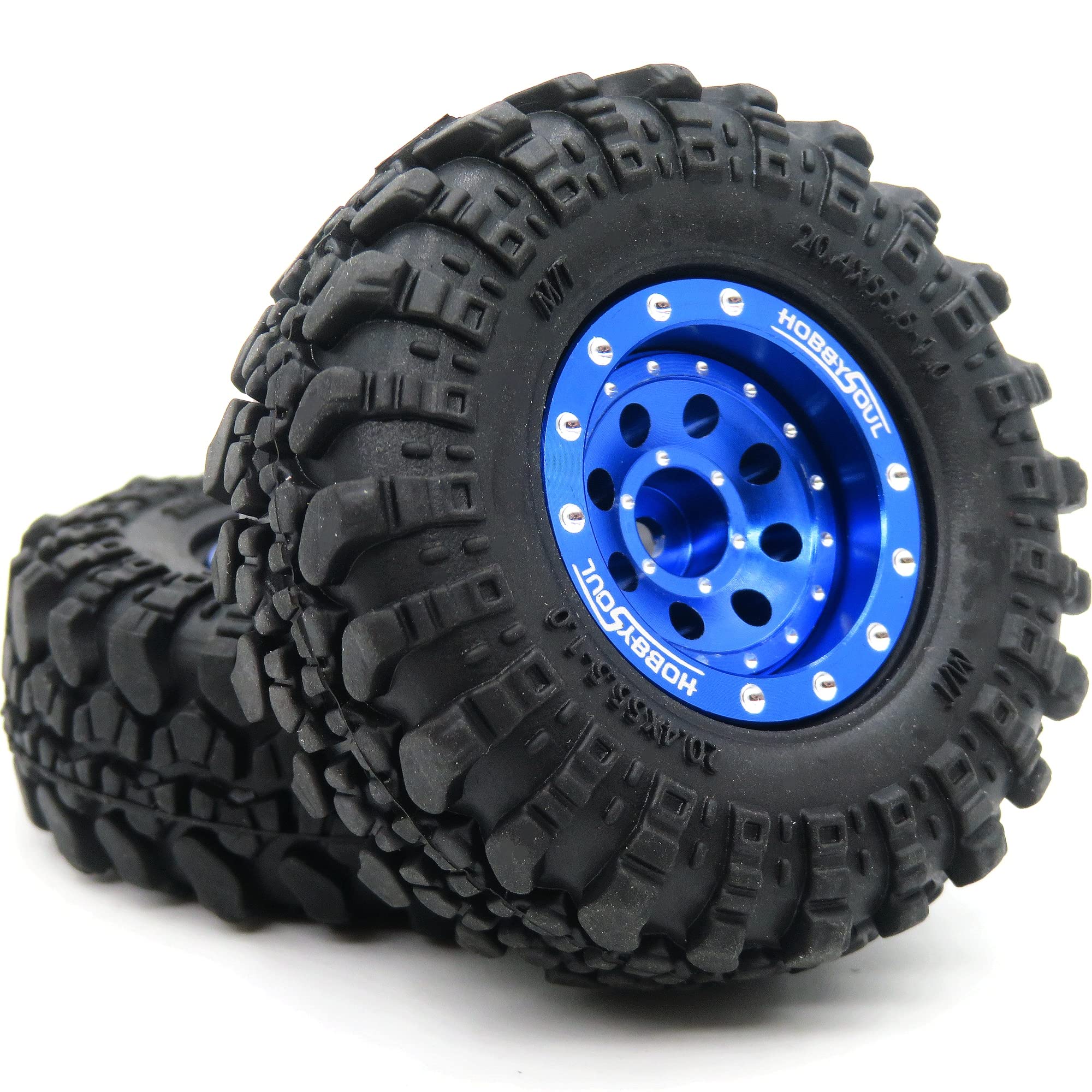 hobbysoul 1/24 Reifen montiert auf schweren verstellbaren Offset 1,0 Beadlock Rädern blau, 7mm Sechskantfelgen 1,0 Beadlock-Räder und Reifen für 1/18 TRX4M 1/24 RC Crawler Axial SCX24, (4er-Pack)