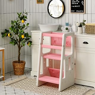 COSTWAY Torre de Aprendizaje Montessori 2 en 1,Torre de Taburete Infantil con 3 Alturas Ajustables y Patas Antideslizantes,Torre de Observación para Niños para Cocina Baño Comedor 47x47x90cm