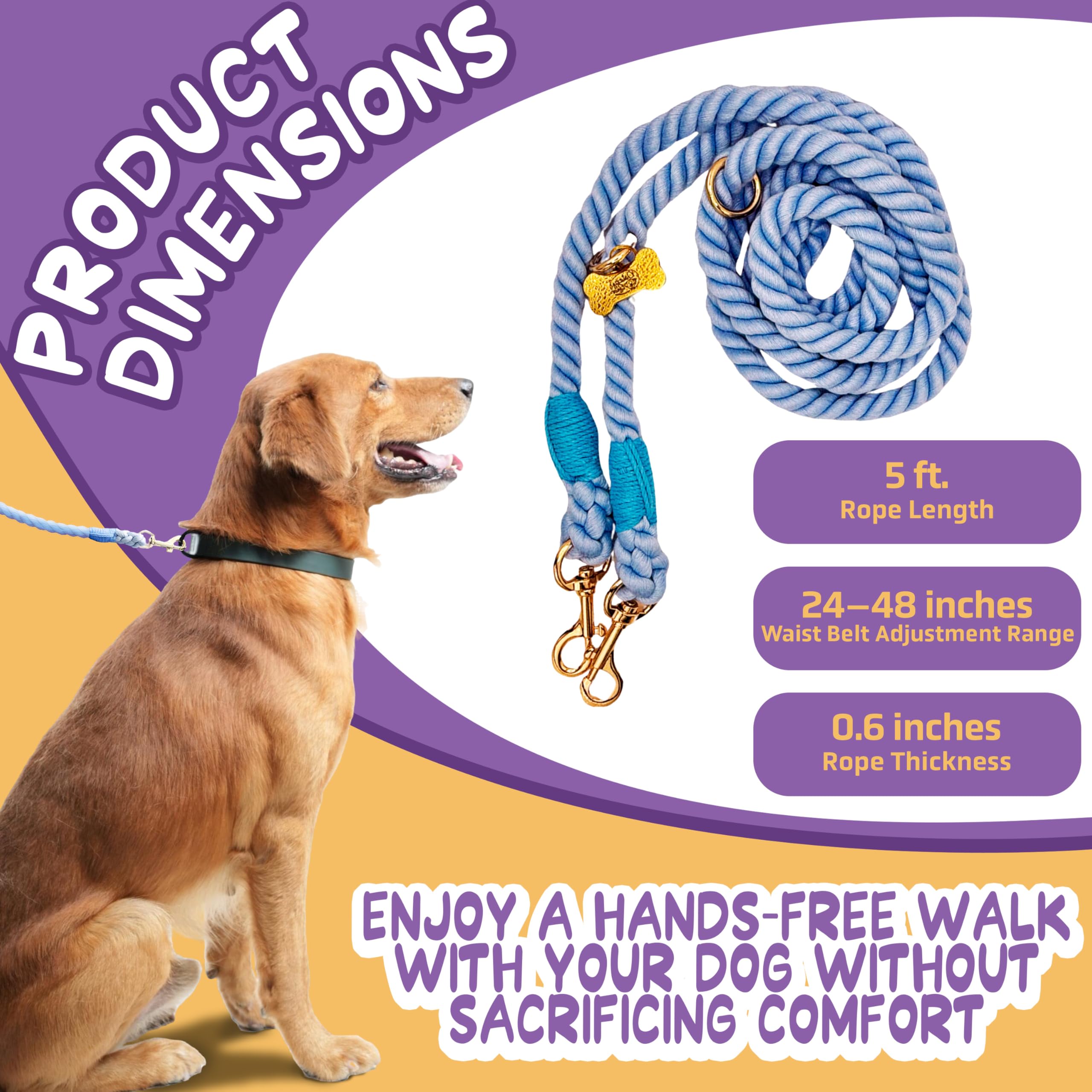 Daizzy Gear Hands Free Rope Leash – Durable, Adjustable, and Comfortable for Everyday Walks, Runs, and Hikes with Your Dog (Blue) - 5 ft Long, Up to 44 Lbs Dogs