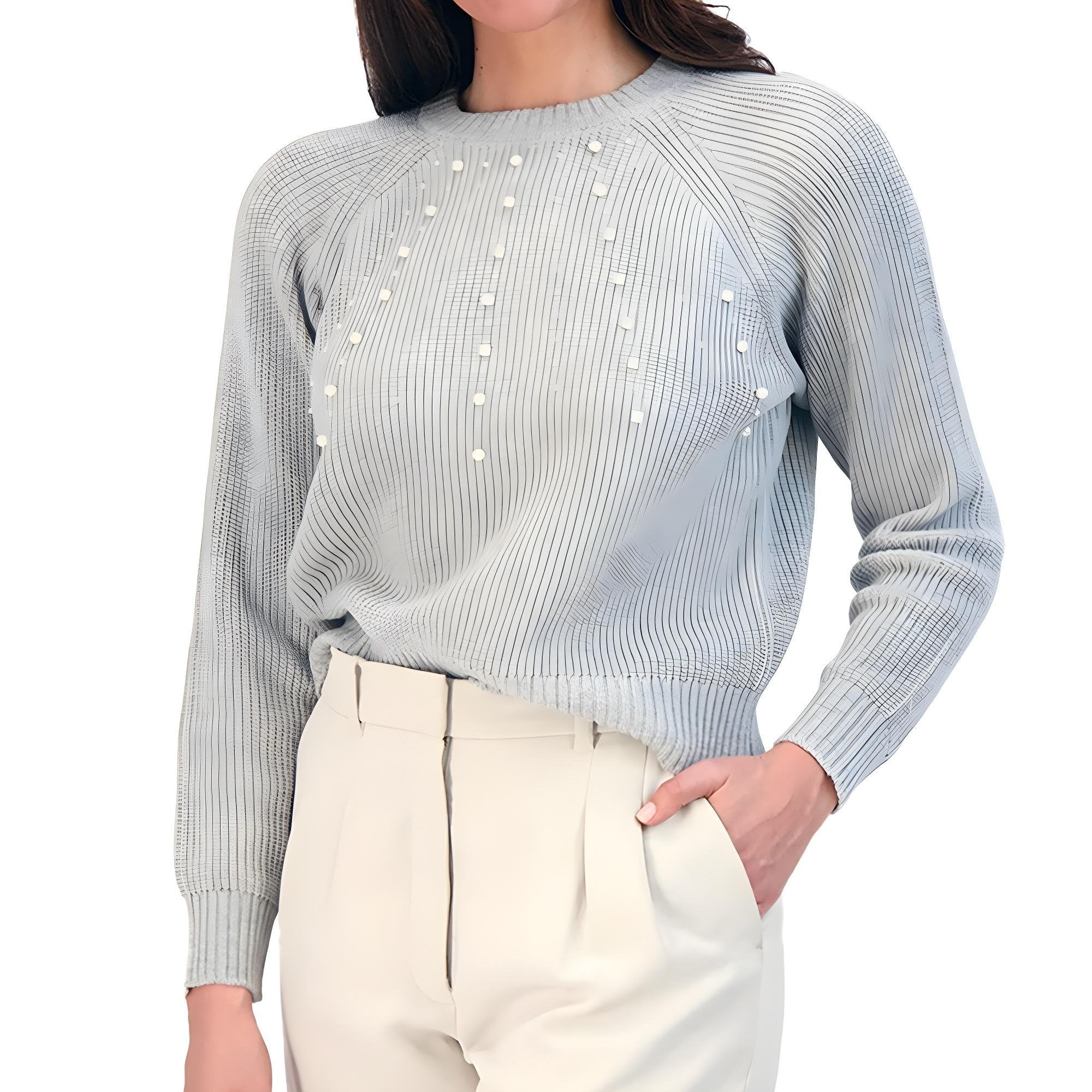 French Connection Womens Pearl Embellished Sweater - Long Sleeve Crewneck Pullover Knit Fashion Top