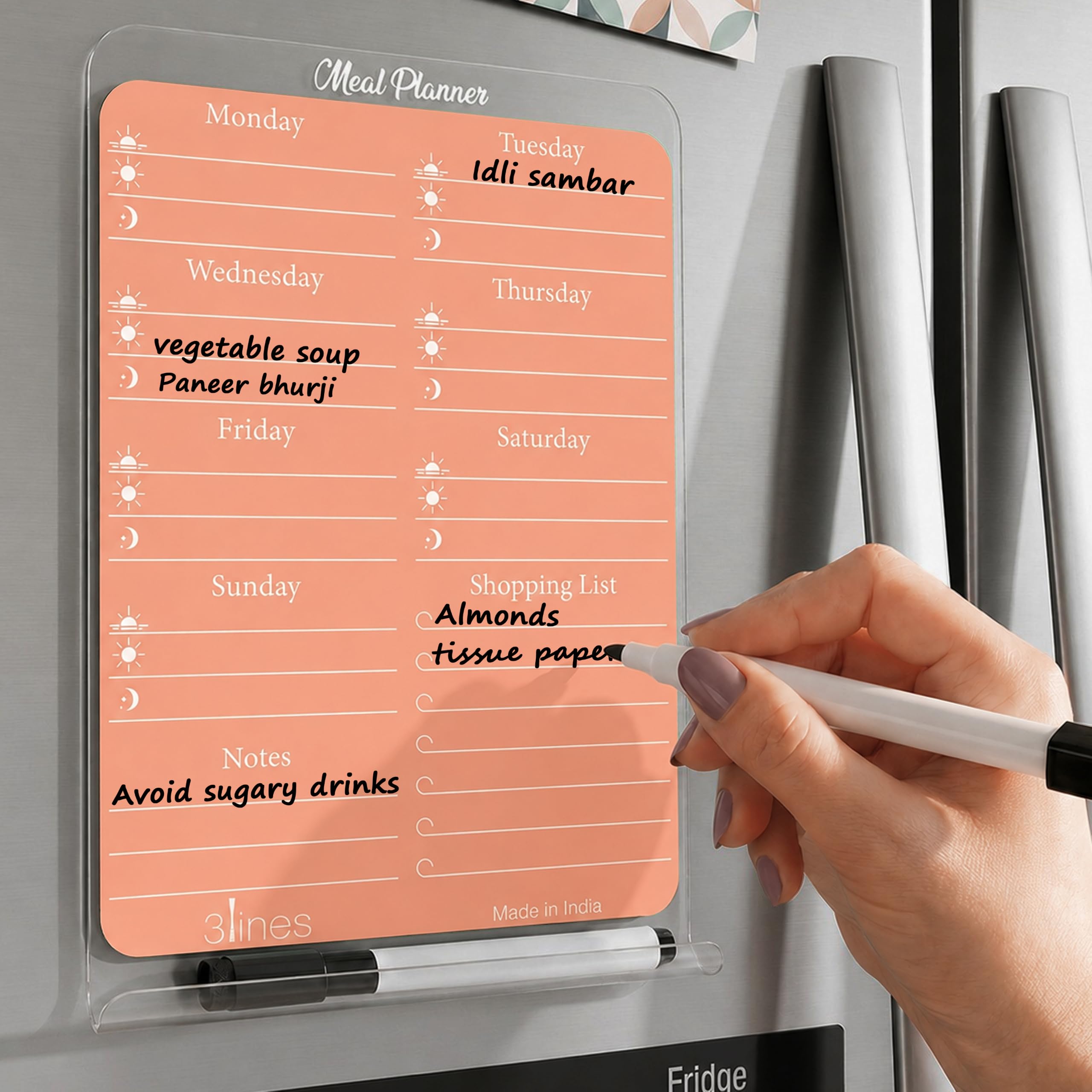 3 Lines ClearBite Acrylic Magnetic Meal Planner Board | Sleek & Durable | Includes Marker & Duster | 24x16 CM | Perfect for Meal Planning, Shopping Lists, Notes | Ideal for Home, Office | Apricot