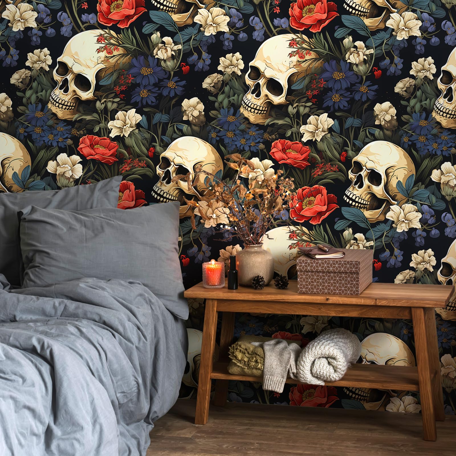 VEELIKE Witchy Skull Wallpaper Stick and Peel Blue Black Floral Wallpaper Modern Gothic Wall Paper 44.5cmx300cm Dark Patterned Contact Paper for Bathroom Bedroom Removable Botanical Wall Mural - Image 4