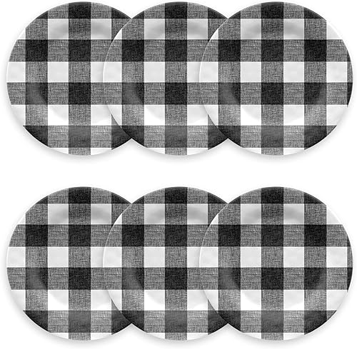 TarHong Juego de 6 platos de ensalada vintage a cuadros blancos y negros, 8.5 pulgadas, melamina pura, inastillable, interiorexterior, juego de 6
