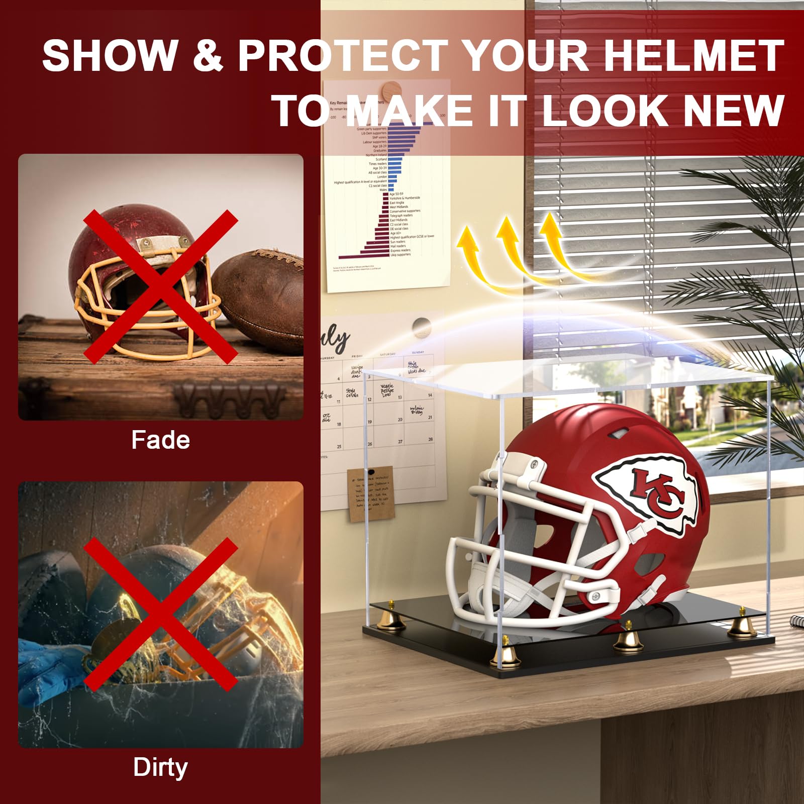 Vitrina de casco de fútbol de tamaño completo, caja de exhibición de casco de acrílico transparente a prueba de polvo con base de campana de metal para recuerdos deportivos (15 x 11.8 x 12.6