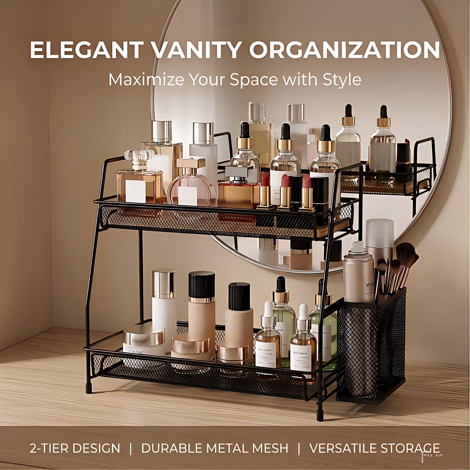 LEMIKKLE Organizer Bagno e Cucina, 2 Livelli Portaspezie, Portaoggetti per Profumi e Make Up (Nero)