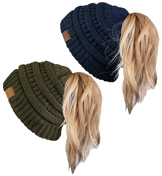 Funky Junque Ponytail Messy Bun BeanieTail Womens Beanie Solid Ribbed Hat Cap