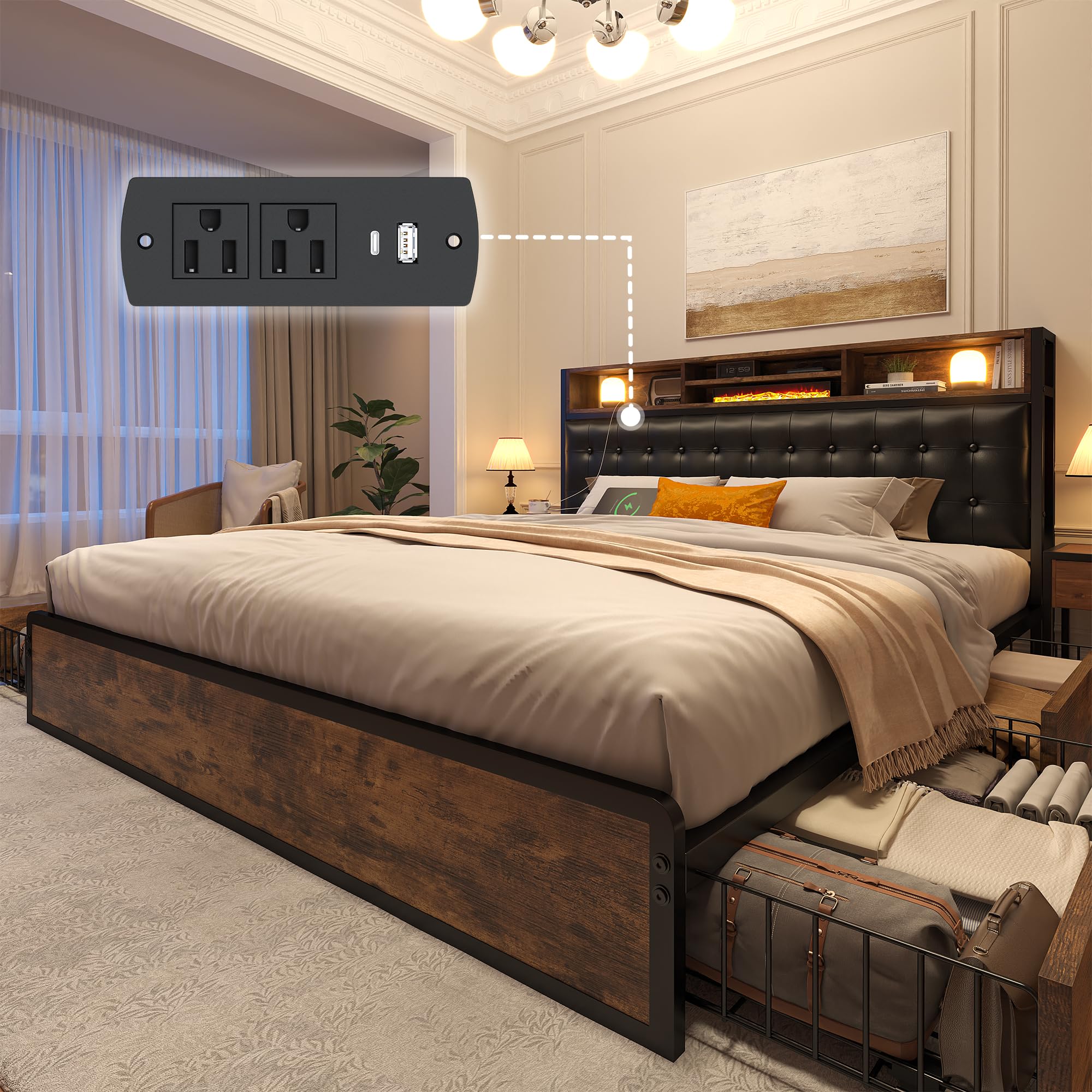 EnHomee Queen Bed Frame with 4 Storage Drawers, Bed Frame Queen Size with Upholstered Headboard and Built in Charging Station, No Noise, Metal Support, No Box Spring Needed,Vintage Brown