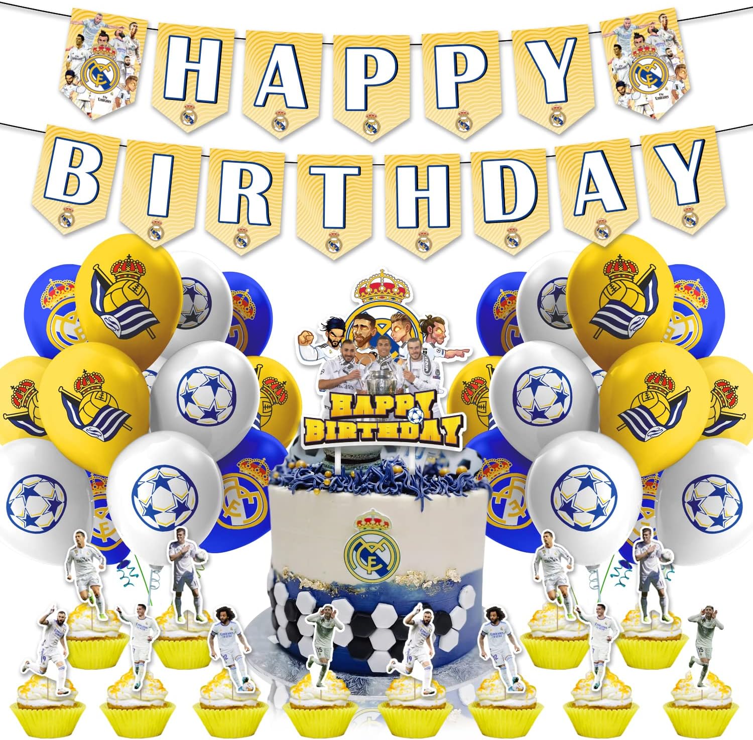 Forepitta Real Madrid CF Birthday Party Decorations Cristiano Ronaldo Soccer Theme Party Supplies Karim Benzema Bale Party Favors includes Happy Birthday Banner Cake Topper Cupcake Toppers Balloons