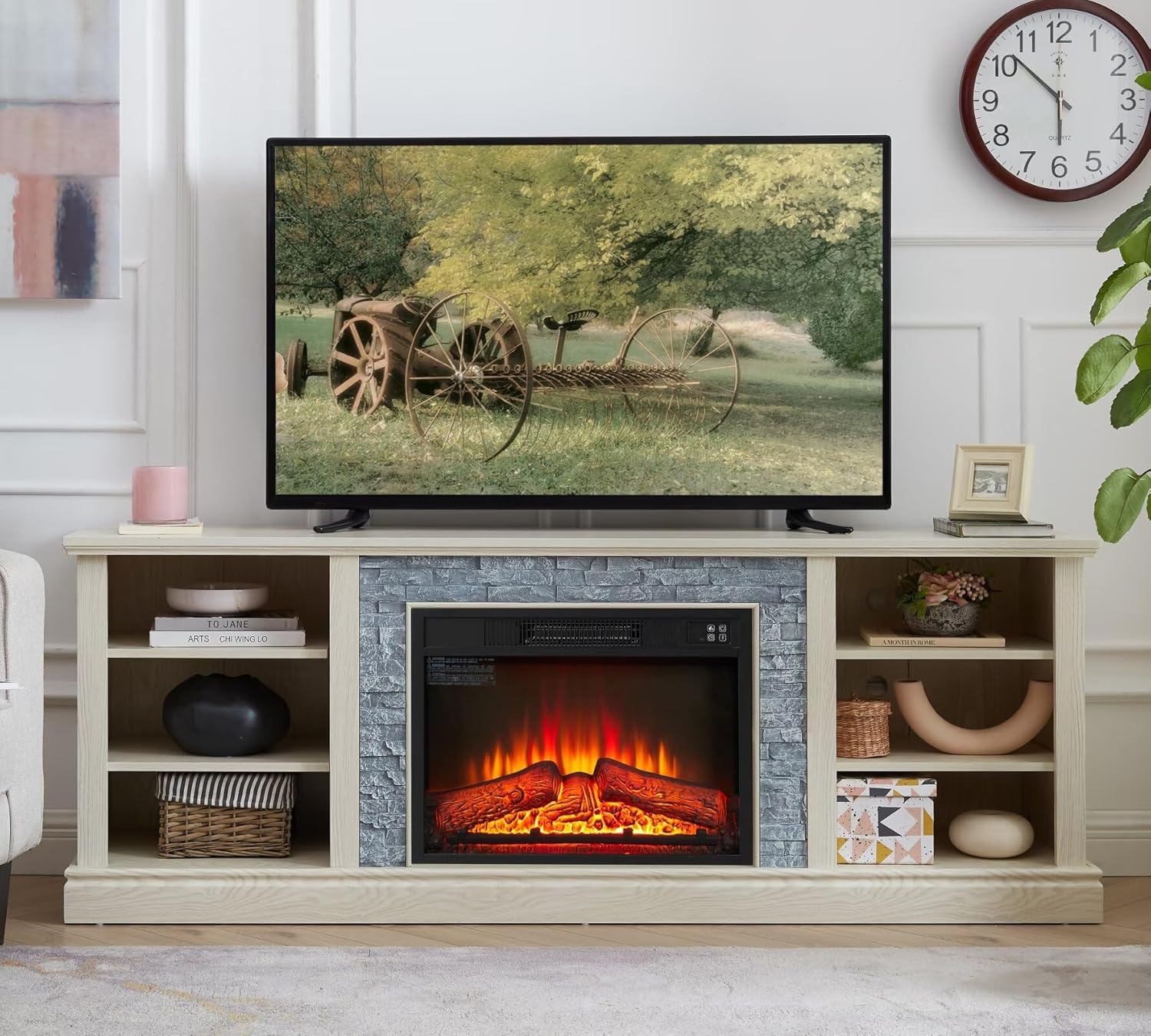 Large Faux Stacked Stone TV Desk Storage Rack, Media Console Table with Large Storage Cabinet,Modern TV Media Stand with 23" Fireplace Insert,White, 70.12" W*15.35" D*25.83" H