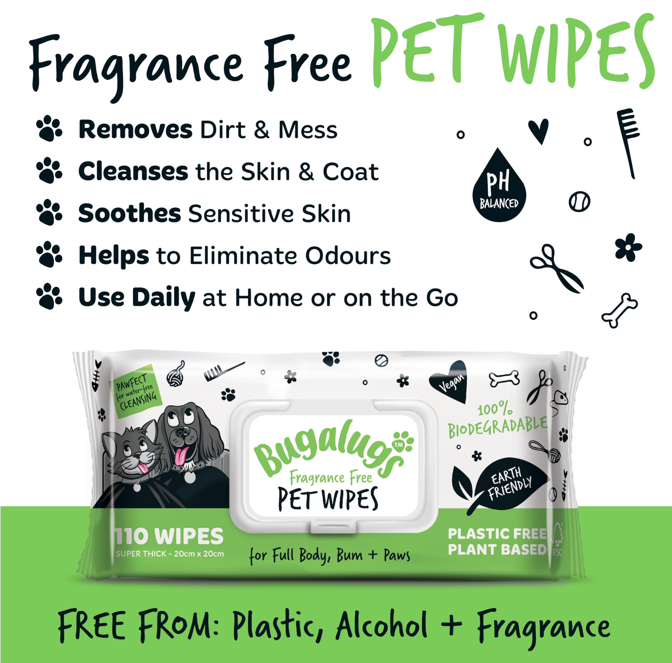 BUGALUGS Dog Wipes, 100% Plastic Free Biodegradable pet wipes for full body, eye wipes, ear wipes, bum & paws. 110 sensitive dog grooming wipes for dogs, puppy & cat grooming (Fragrance Free) — view 8