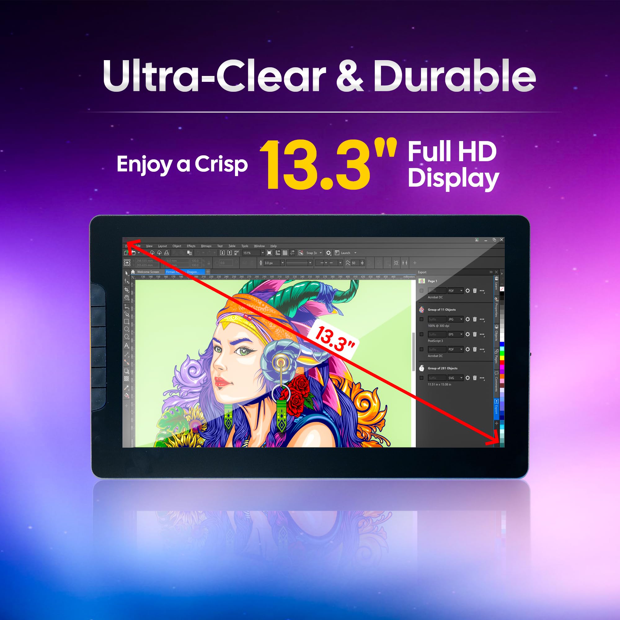 AIWaft Pentab 13.3" FHD Display, 8H Glass, Battery-Free Pen, 8192 Pressure, ±60° Tilt, 266 PPS, HDMI & USB-C – for Digital Writing, Graphic Design, Teaching – Supports Windows, Mac, Android 3