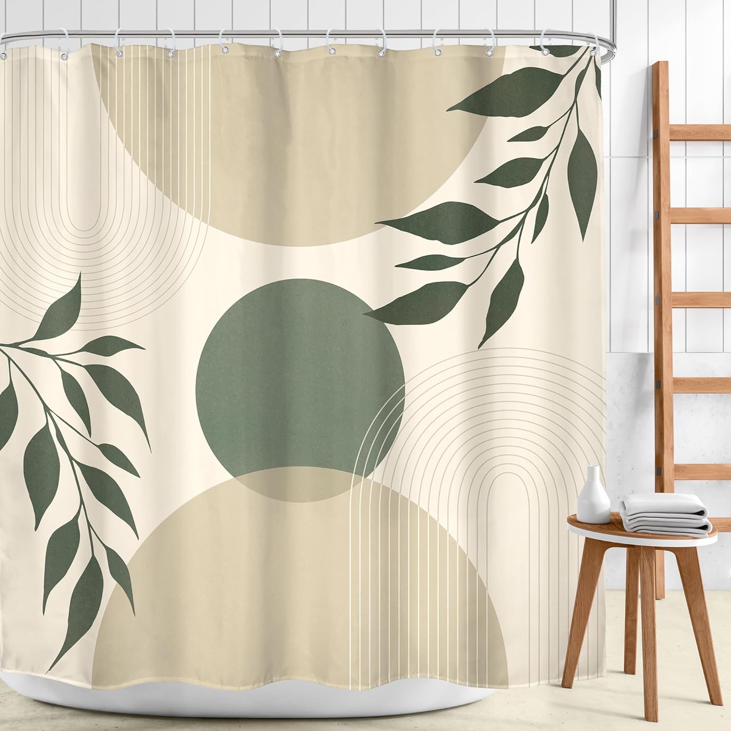 Sage Green Boho Shower Curtain 72Wx72H Geometric Mid Century Modern Abstract Minimalist Leaves Beige Arch Plant Botanic Botany Bathroom Decor Neutral Bath Curtain Fabric Polyester 12 Pack Hooks