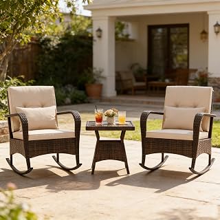 COSTWAY Outdoor Rocking Chairs Set of 2, 3 Piece PE Wicker&hellip;