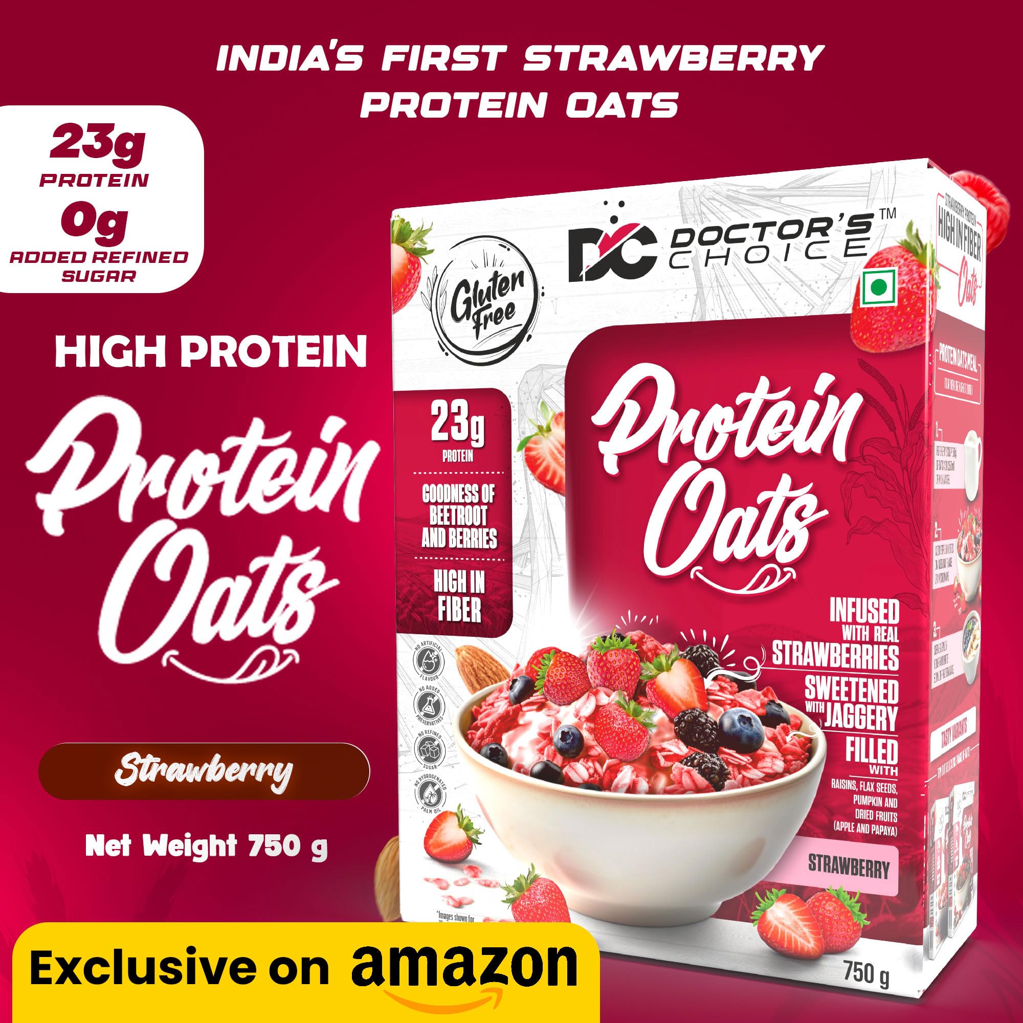 DC DOCTORS CHOICE Strawberry High Protein Oats (23g Protein), Jaggery Sweetened, No Additives, 0g Refined Sugar, High-fiber cereal with raisins | Doctor Choice Oats (750g, Strawberry) (B0D6W8M1W3) Amazon Price History, Amazon Price Tracker