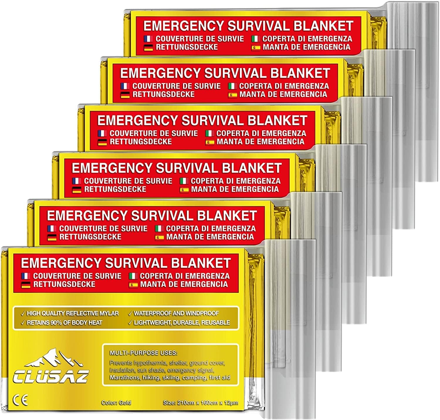 CLUSAZ 6 XL Emergency Blankets for Survival Gear, Mylar Space Blanket, Bushcraft Gear and Equipment, Thermal Kit for Tent Prepper, Bug out Bag Supplies Kits, Waterproof Solar Foil Blanket