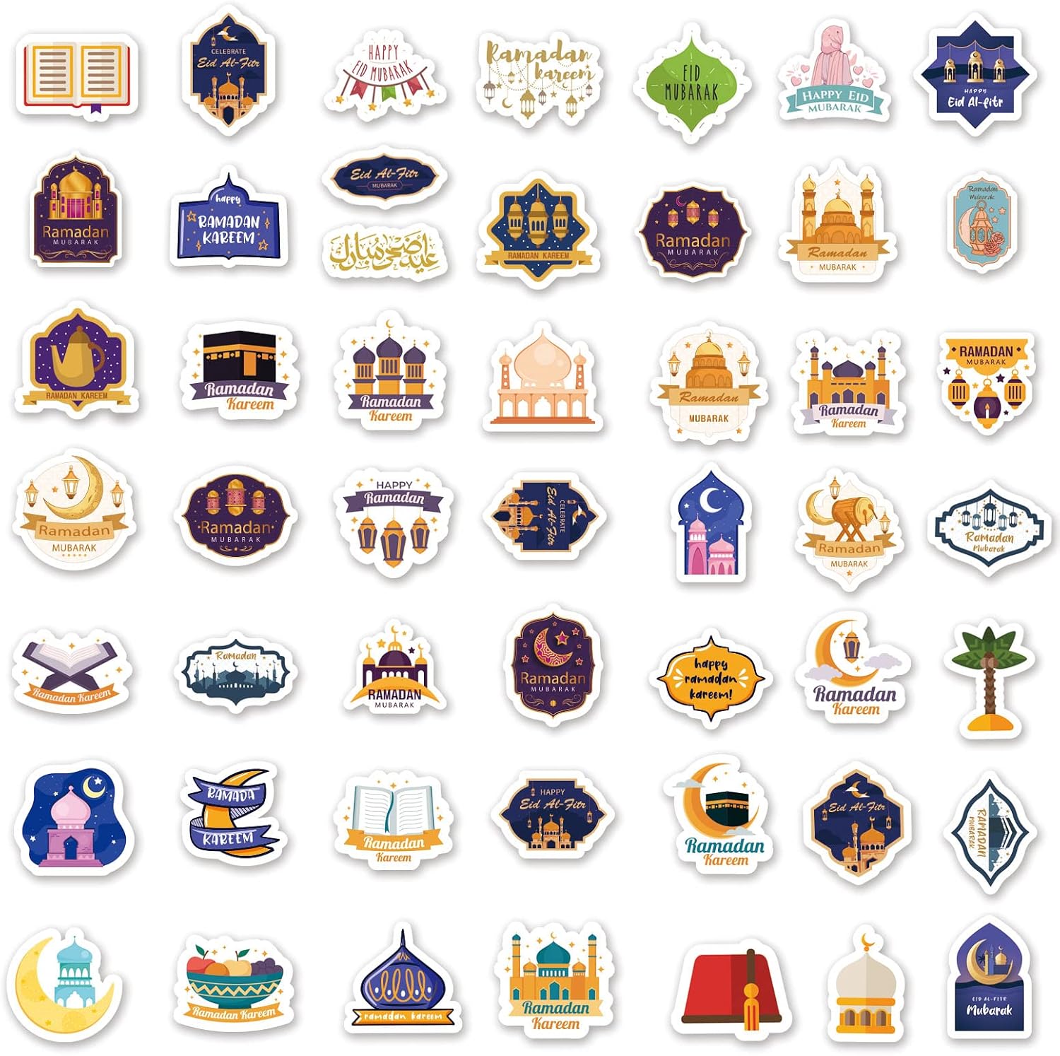Ramadan Mubarak and Eid Mubarak Stickers Pack, 100 Pcs, No-Repeat Designs