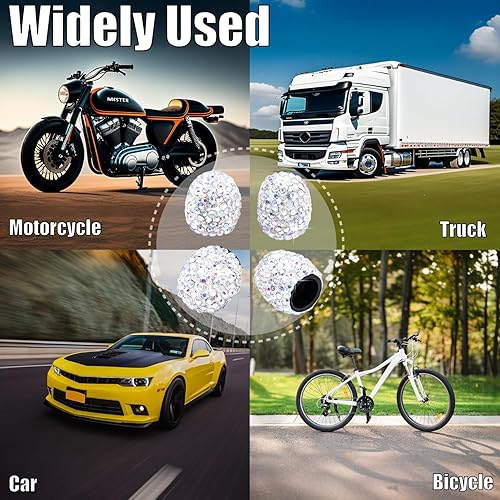 Vista 98 de 4 tapas de válvula de vástago de neumático con diamantes de cristal brillante, a prueba de polvo, tapas universales para válvulas de neumáticos