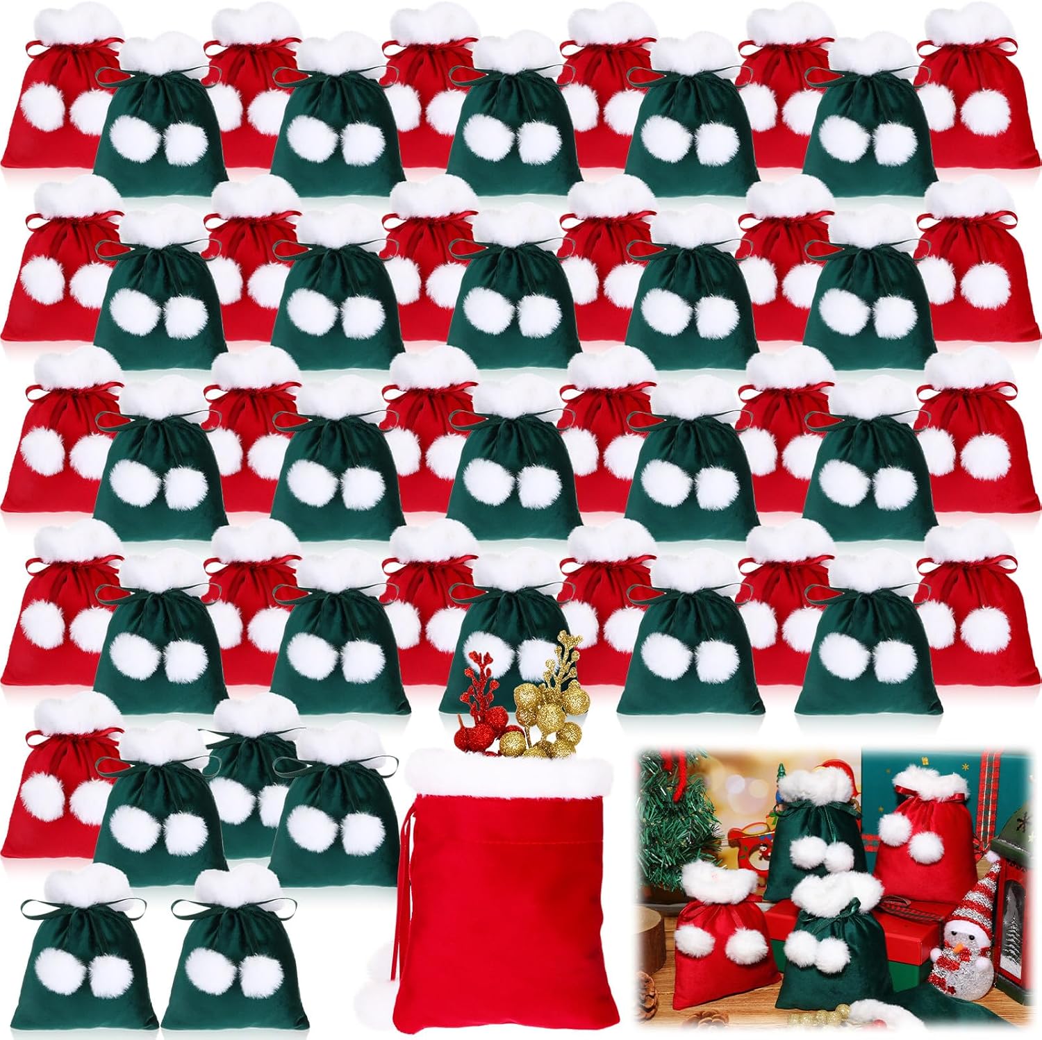 24 Pcs Bulk Christmas Velvet Drawstring Bag with White Poms 6 x 7 Inch Santa Gift Wrap Bags Small Santa Claus Sacks Candy Wrapping Goodie Red Green Gift for Xmas Party