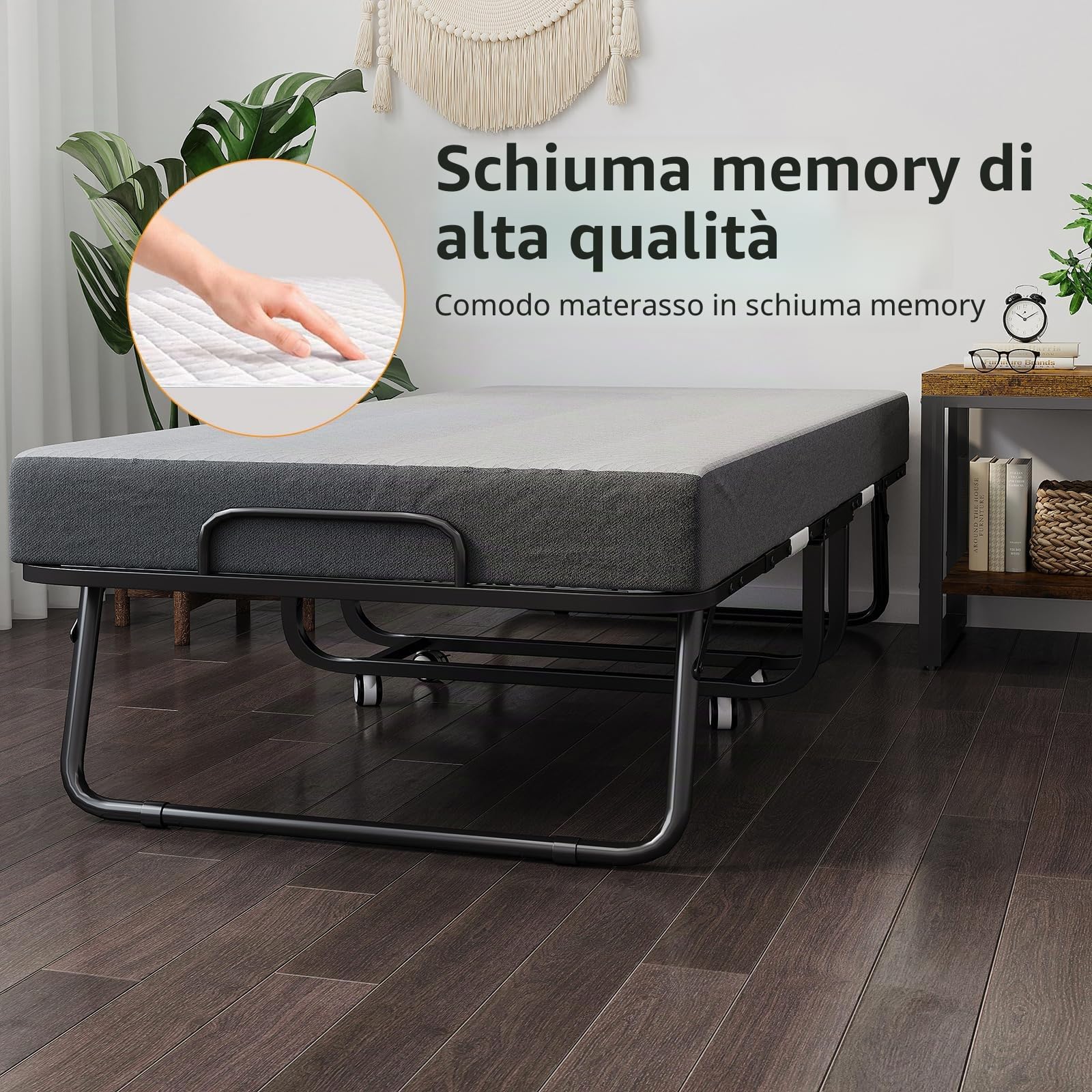 CAIYUN - Lettino pieghevole 190x100 cm (misura singola) con materasso in memory foam da 13 cm di alta qualità – Pratico letto da giorno e per gli ospiti per adulti, incl. rotelle e copertura