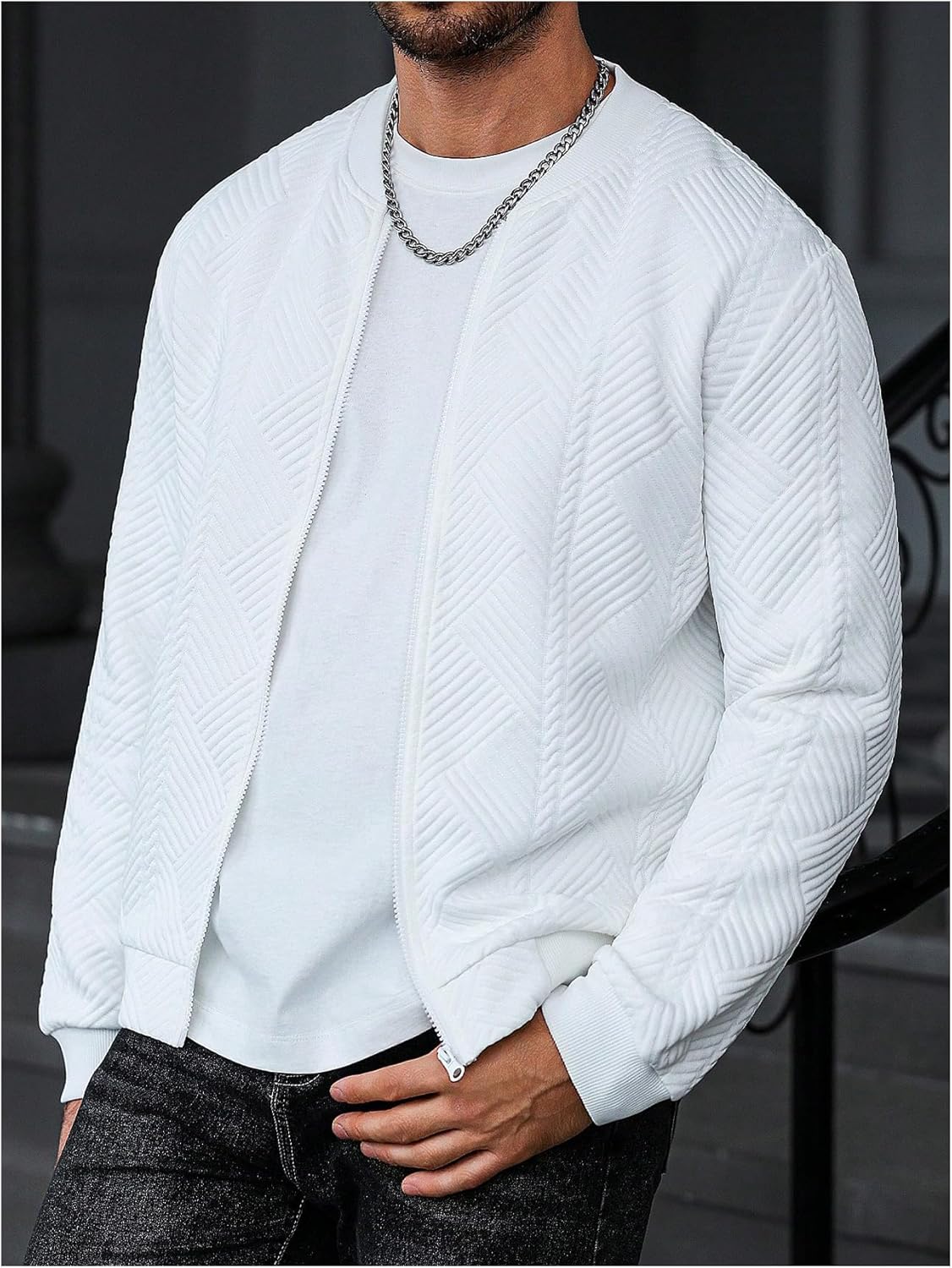 WDIRARA Men's Bomber Jacket Zip Up Long Sleeve Jackets Textured Outerwear