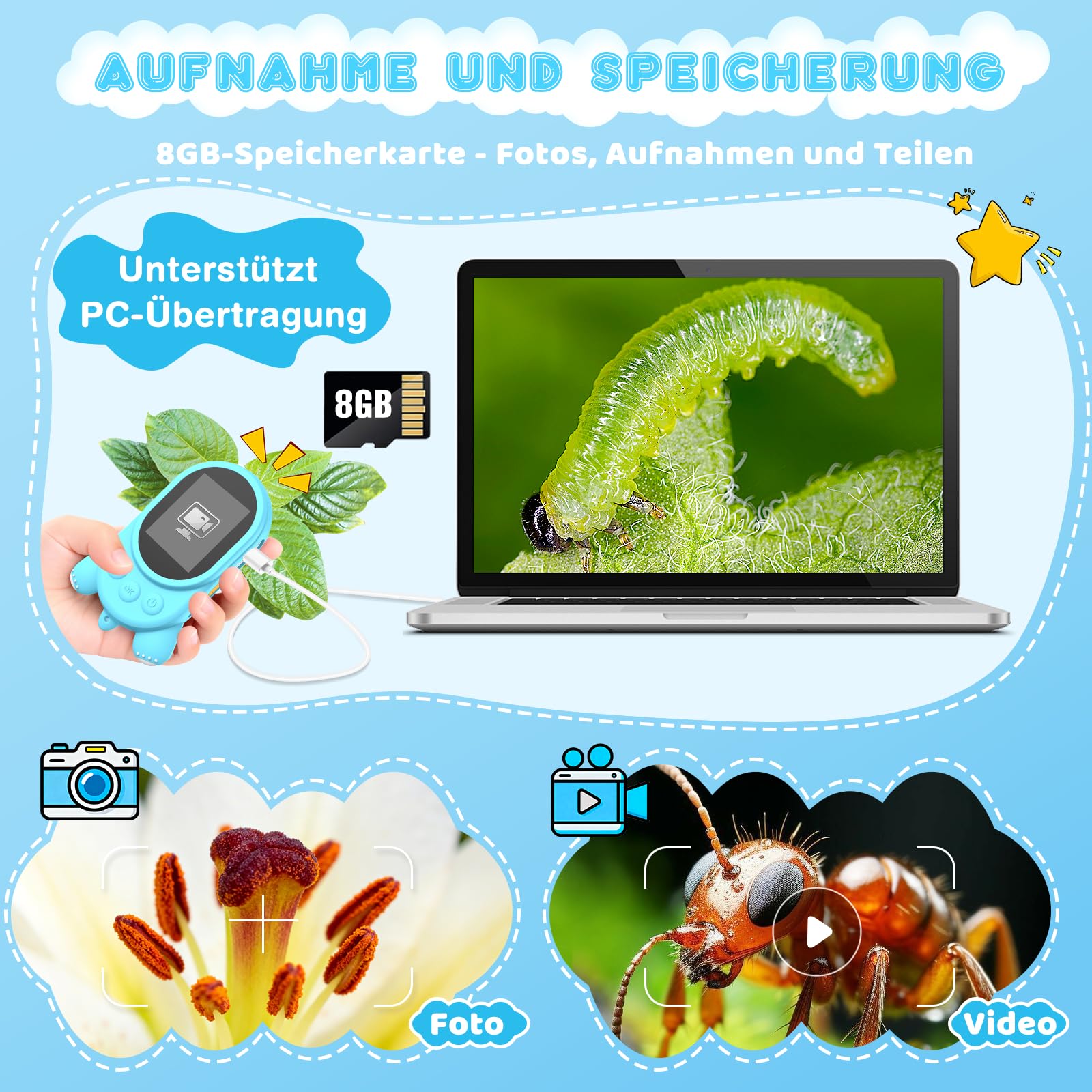 Mikroskop für Kinder - Digital Lupe Kinder mit 2-Zoll LCD HD Bildschirm, Handy Kinderkamera Microscope mit 8 LED Licht, Tragbares Taschenmikroskop mit 8G-Karte, Mini-Mikroskope Draussen - Blau