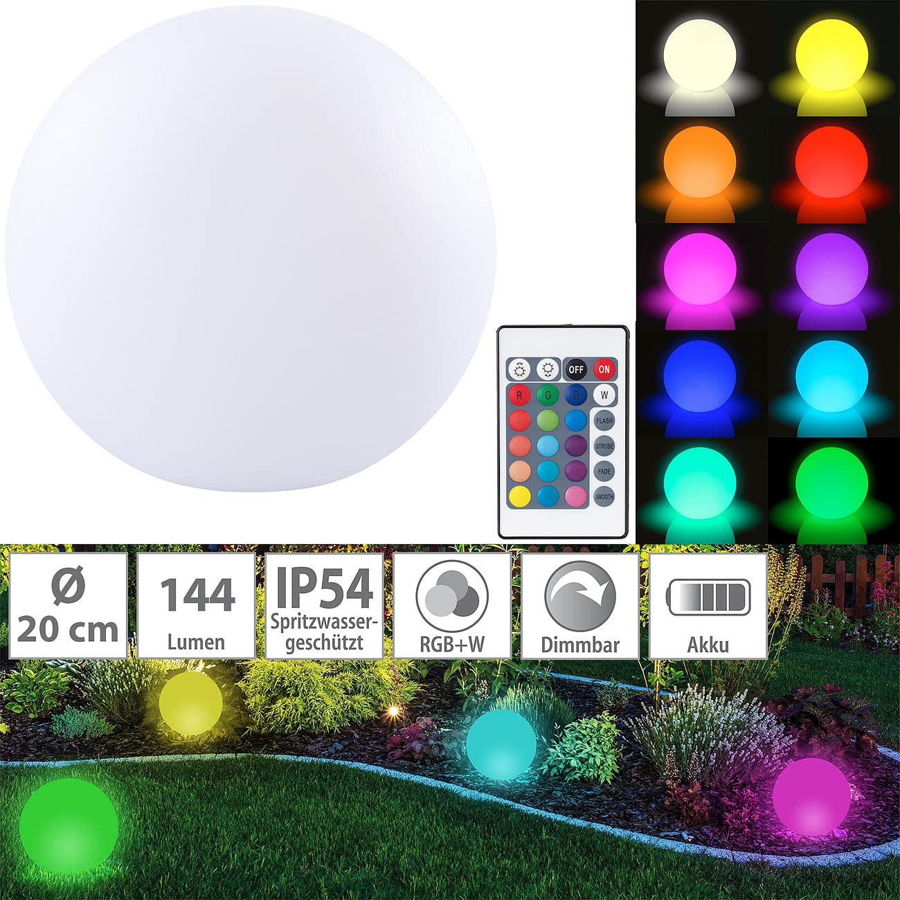 Lunartec Kugelleuchte: Kabellose Akku-Leuchtkugel für innen und außen, Ø20 cm, IP54, RGBW-LED (Stimmungslichter LED, Stimmungslampe, Akkus)