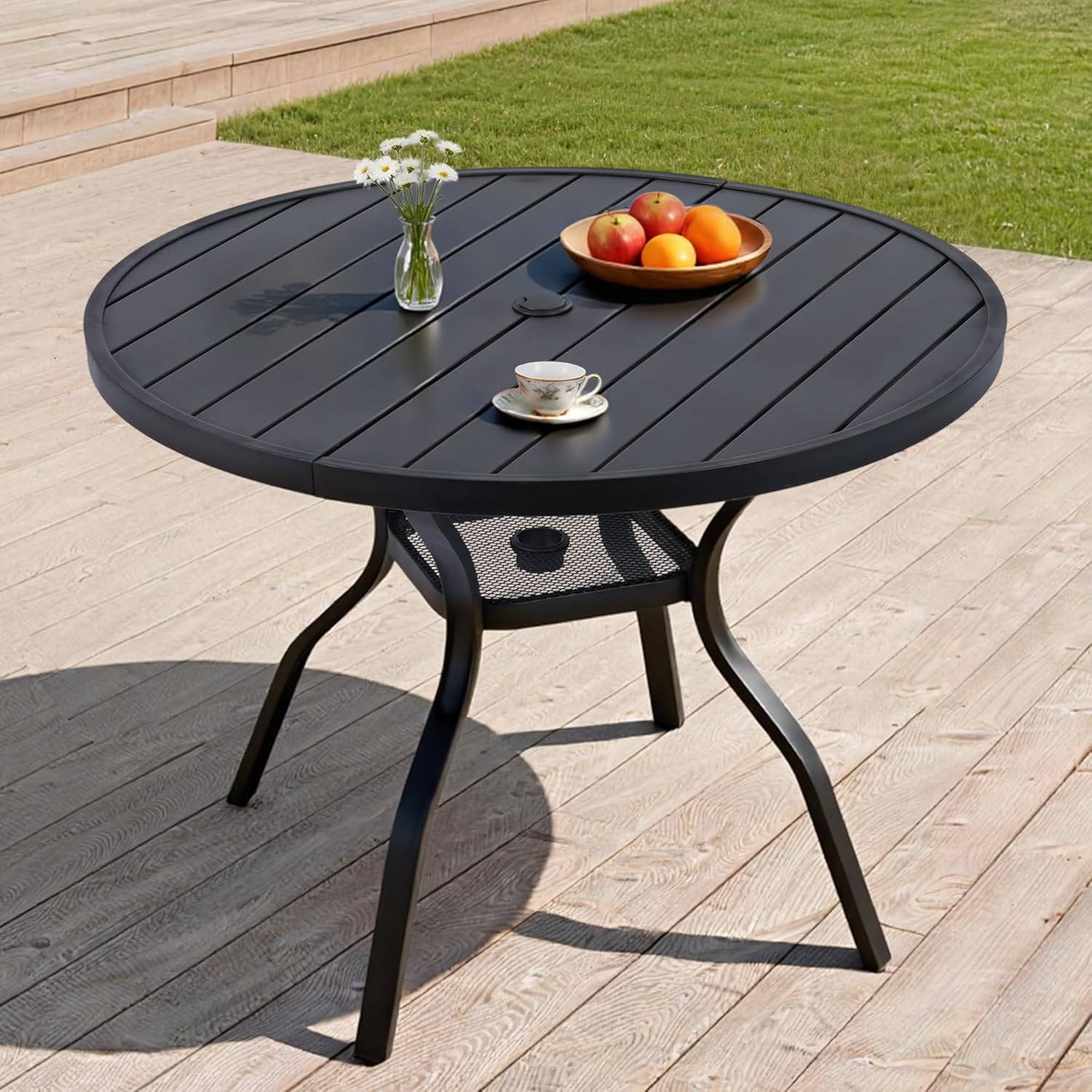 41" Outdoor Dining Table for 4 Person, Metal Round Patio Dining Table with Adjustable Umbrella Hole for Garden, Partitioned Storage Shelf, Backyard and Porch, Black