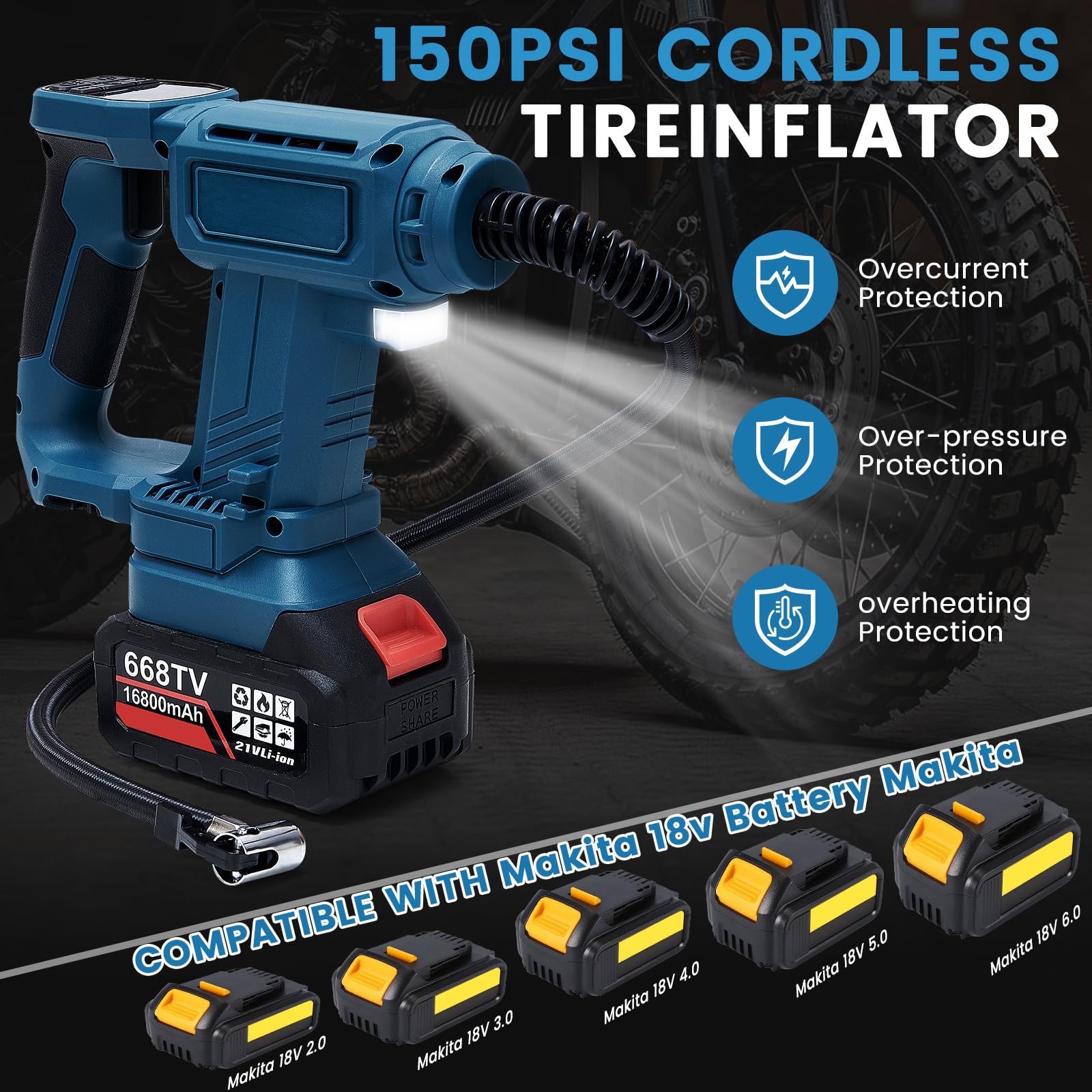 Compresseur à Air Portatif Compatible avec Makita 18V Batterie, 150PSI Gonfleur Pneus Voiture Sans Fil avec Écran LCD, Pompe Électrique avec Lumière LED pour Vélo, Moto, Ballons (Outil Seul)