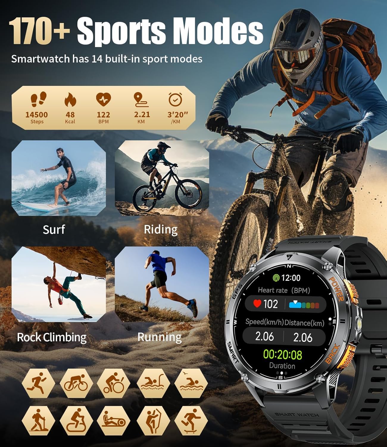 LIGE Integriertes GPS Smartwatch Herren, 1,43 Zoll AMOLED Smart Watch mit LED Taschenlampe for Android & iOS, 5ATM Wasserdicht, 300+ Zifferblätter, Kompass/Höhenmesser, 170+ Sportmodi, Graphitschwarz