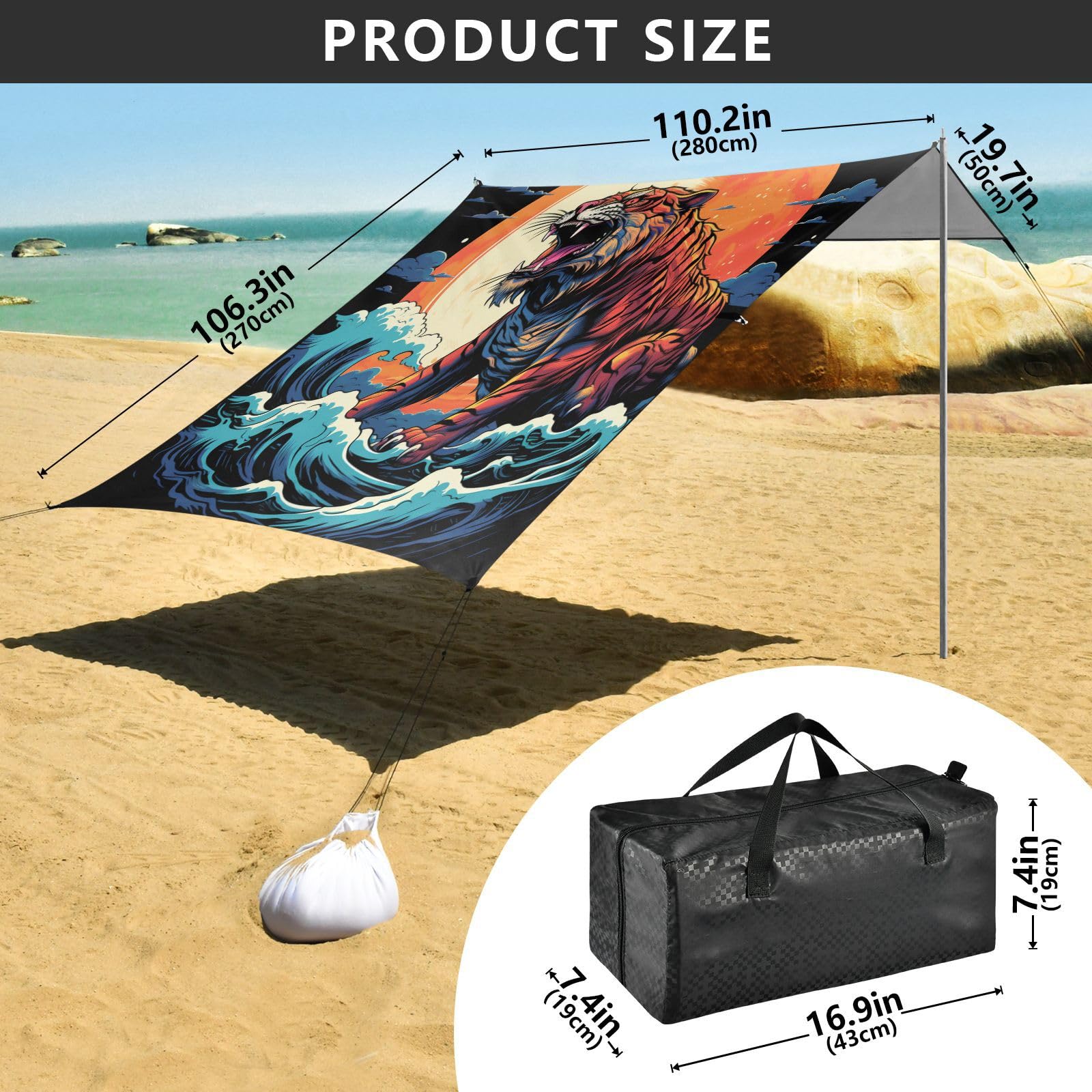 Acuarela Arte Tigre Luna Tienda de Playa de FáCil Montaje,Toldo Parasol para Camping con Sacos de Arena,Palas y Estacas para Picnics Al Aire Libre