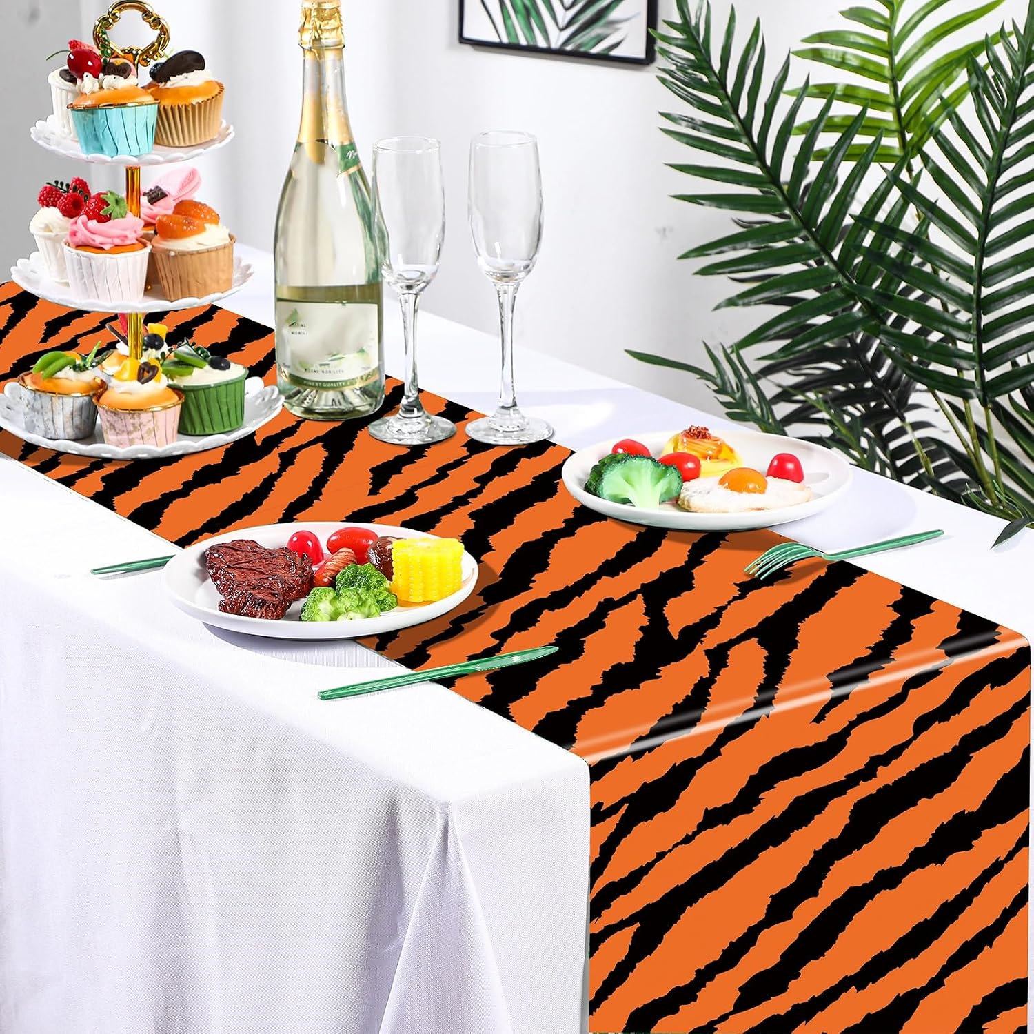 VitalCozy 6 Pcs Safari Theme Table Runner Jungle Plastic Safari Table Decorations 14 x 108 Inch Tropical Leaf Hawaiian Luau Party Supplies for Wild One Birthday Red Cheetah Party (Animal Print)