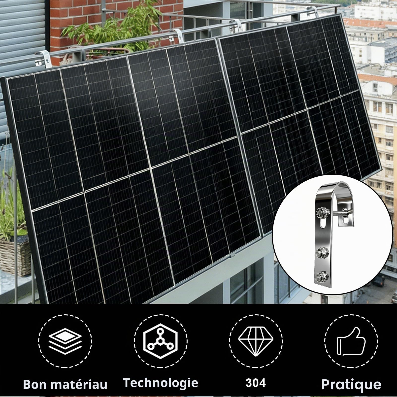 Crochets de Fixation pour Panneaux Solaires 4 Pièces, Fixation pour Panneau Solaire Crochets en Acier Inoxydable 304, Support Module PV pour Balcon, Garde-Corps, Toit Plat, Argent