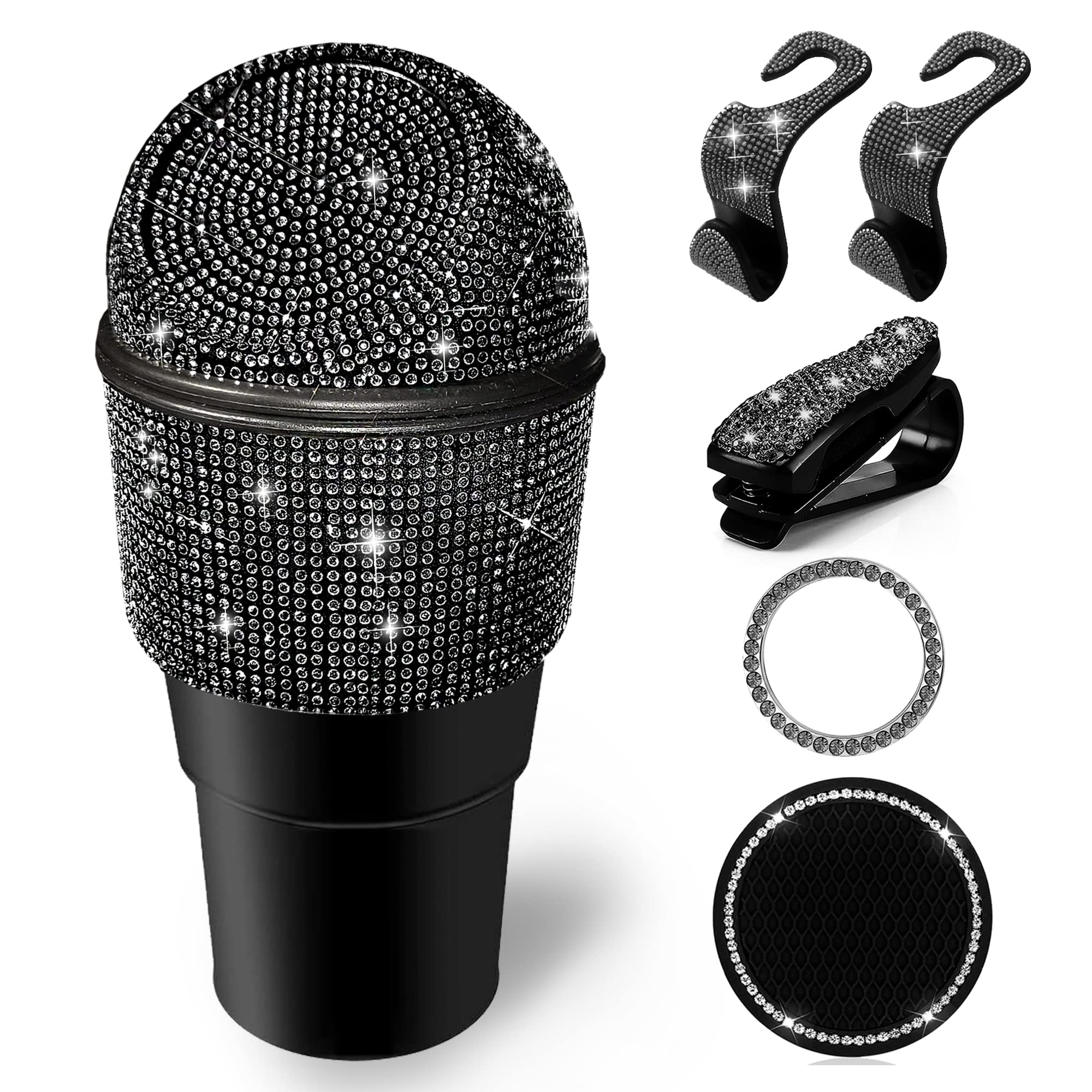 Car Trash Can Bling Crystal Car Trash Cup Rhinestone Trash Bin Bags for Exclusive Using Multipurpose Trash Can with a Silicone Coaster,a Ticket Clip,a Start Engine Circle,2 Hooks(Black)