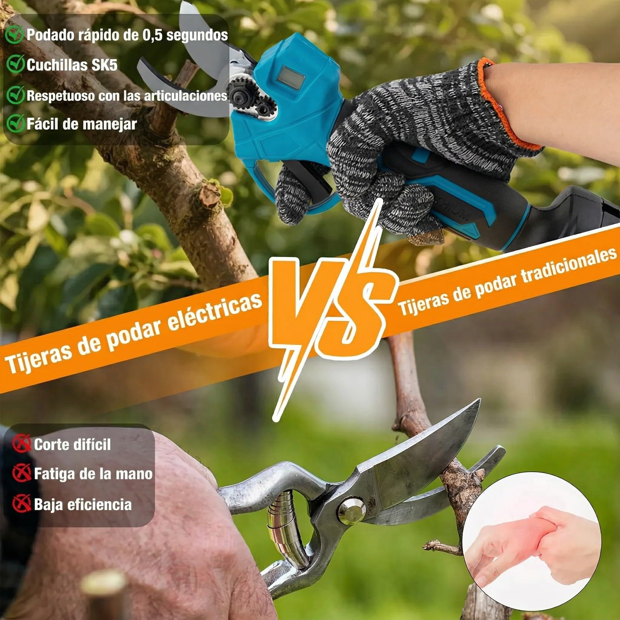 Tijeras de Poda Eléctricas 21V, 600W Inalámbricas, 40mm de Capacidad de Corte, con 2 Baterías 2.0Ah y Cargador Rápido, para Jardinería, Huerto y Trabajos Agrícolas