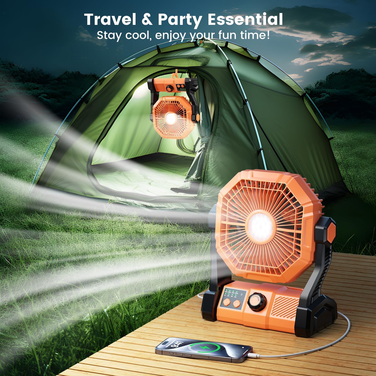 coldSky Rechargeable Portable Fan for Home with LED Light & Remote Control, Battery Table Fan Big Size with 8 High Speeds Wind, Kitchen Fans for Cooking 4