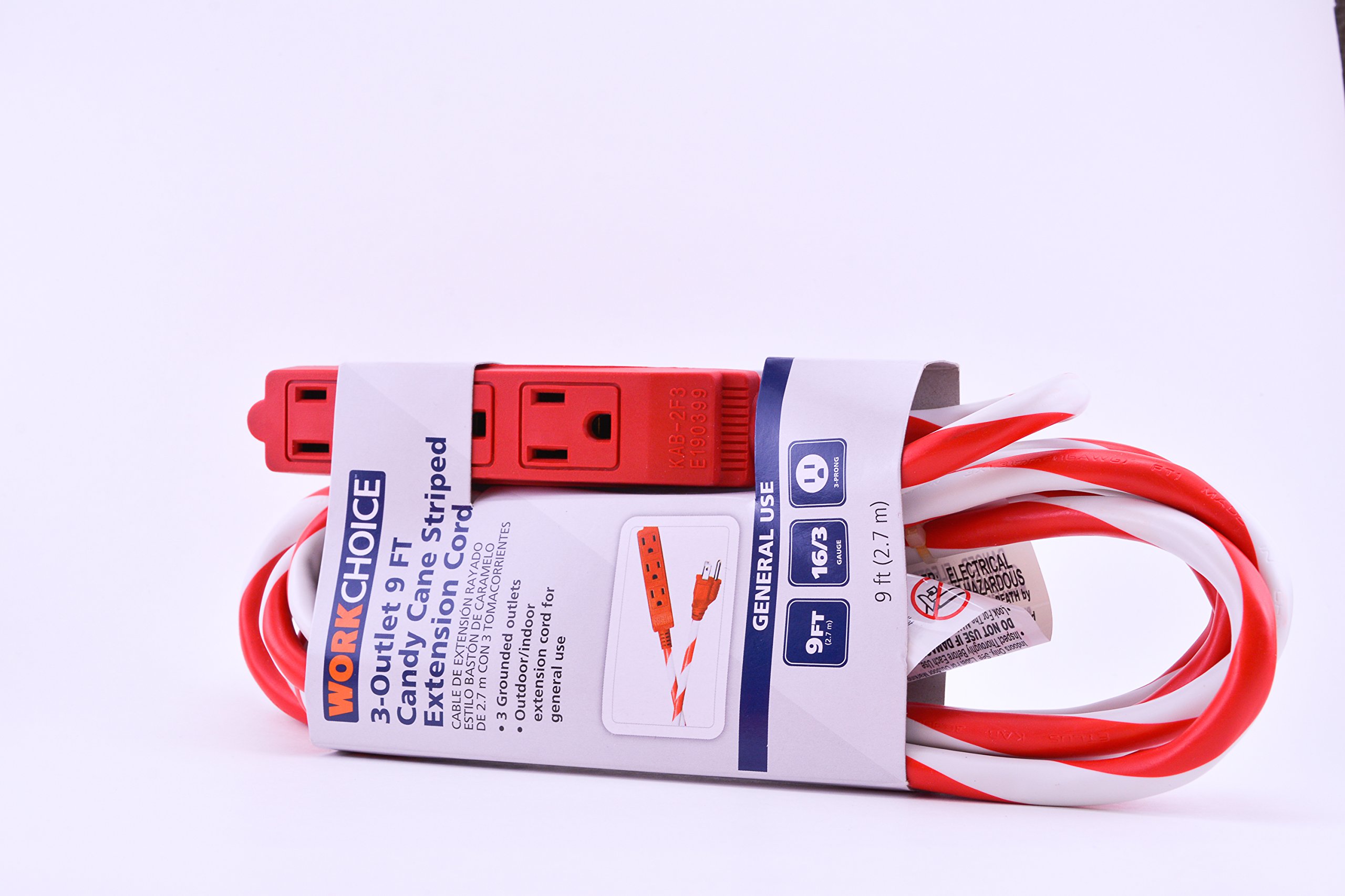Buy Work Choice Candy Cane Striped Extension Cord, 3 Outlet, 9 Ft. Long