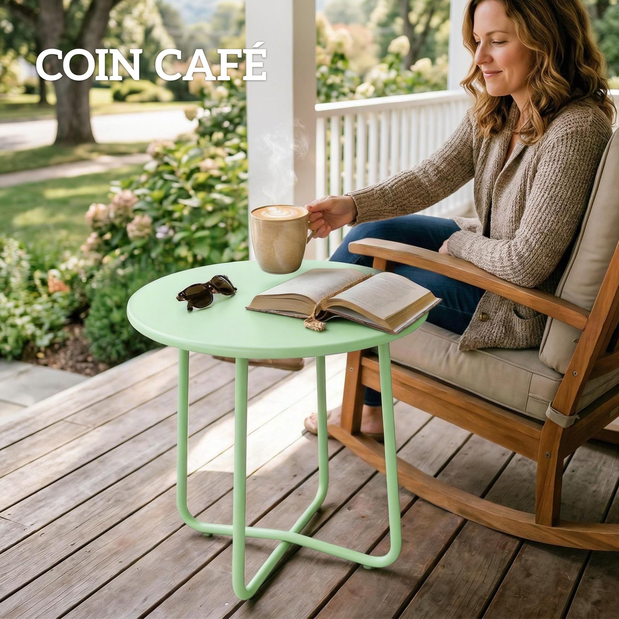 Outsunny Table Basse Extérieure avec Bord Enroulé, Table de Jardin Ronde Base en X avec Pieds Réglables en Hauteur, pour Intérieur Salon Terrasse Balcon, Métal, Ø 48 x 51 cm, Vert
