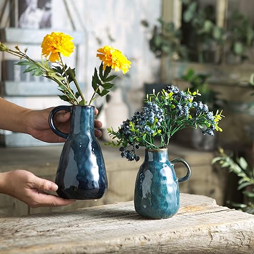 Miniatura 5 de Tanvecle Juego de 2 jarrones de cerámica azul esmaltados con asas, decoración moderna de granja, jarrón rústico para decoración del hogar, jarrón