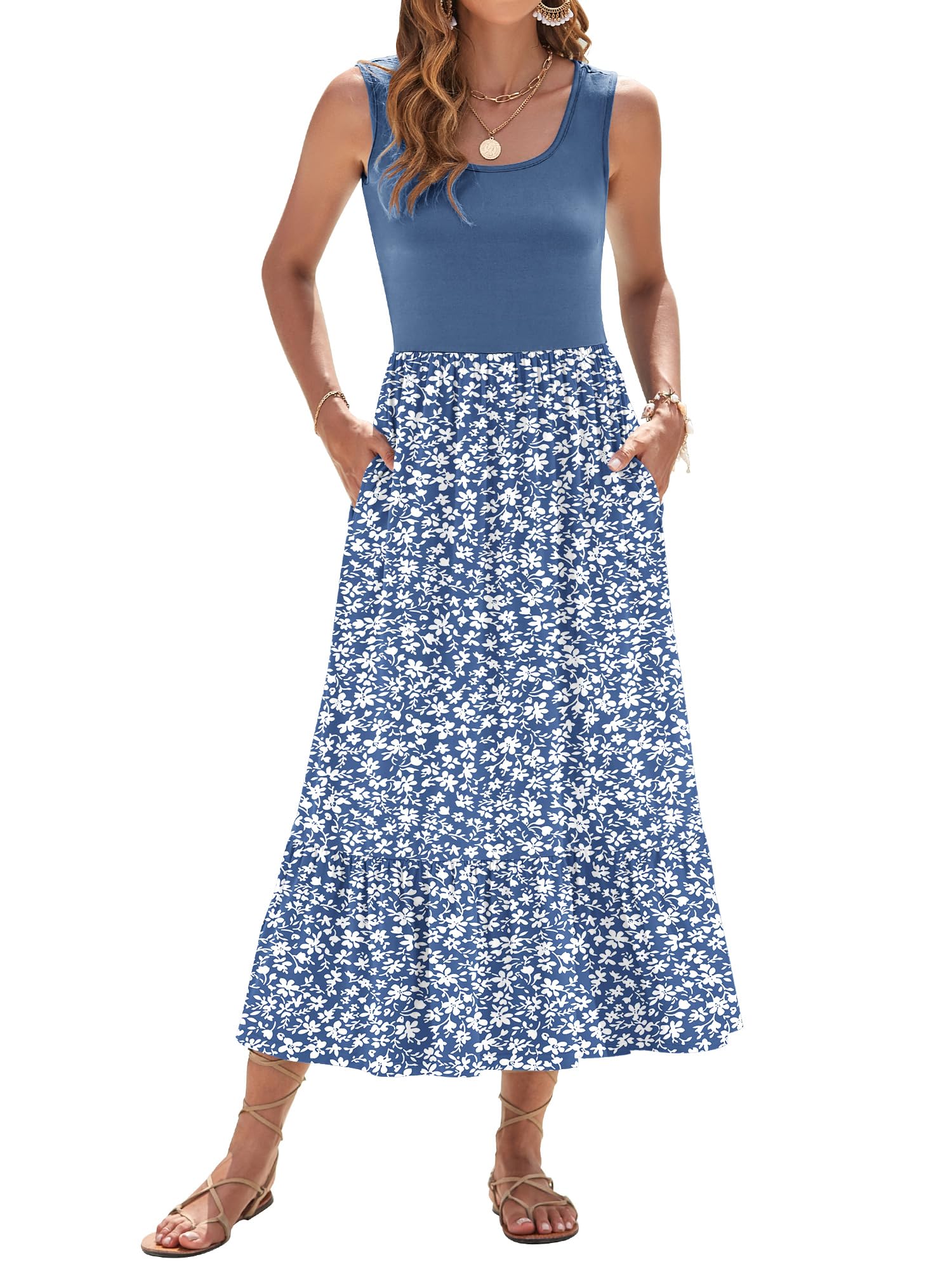 WNEEDU Summer Dress Women's Long Sleeveless Maxi Dress with Empire Waist Women's Summer Scoop Neck Airy Beach Dresses with Pockets