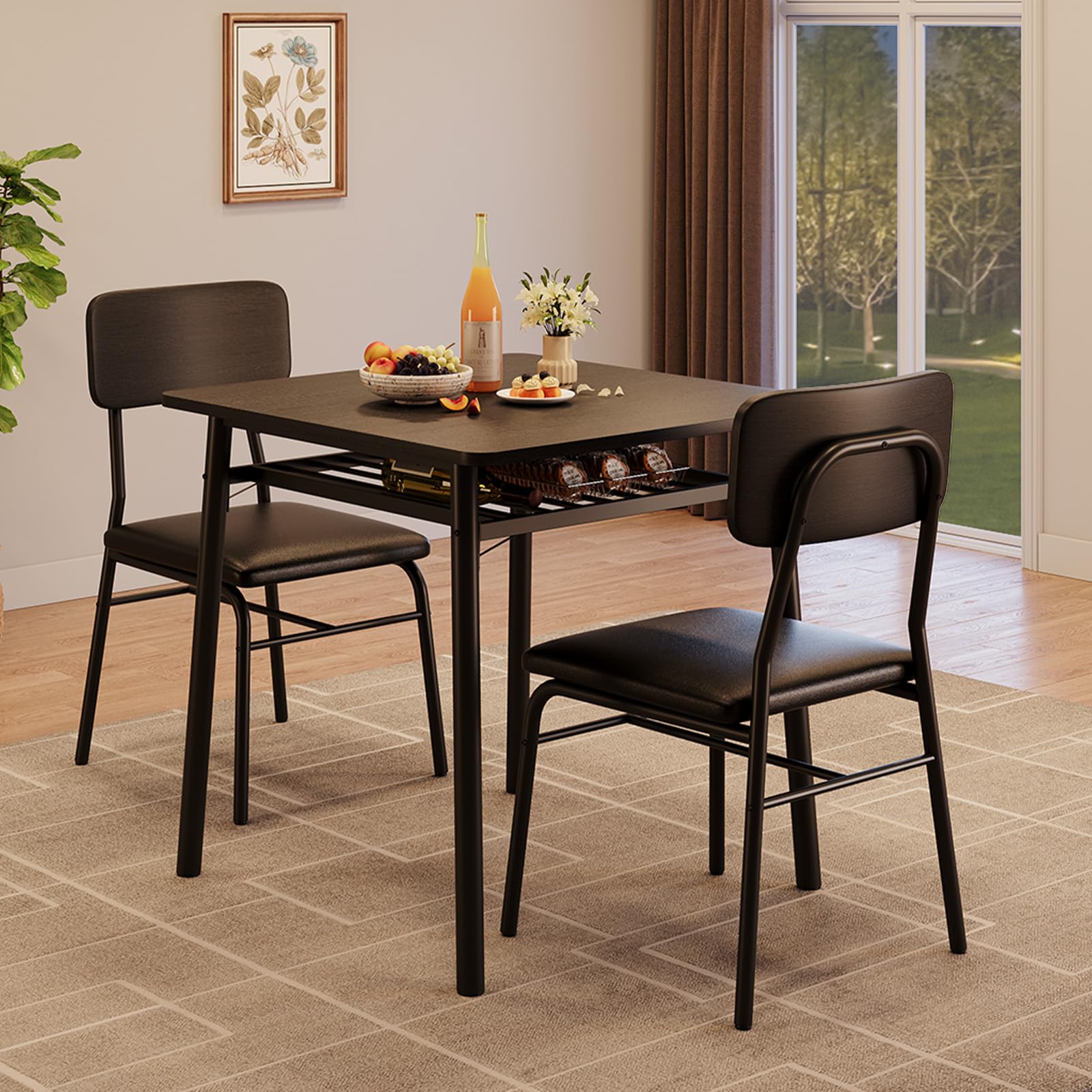 Ensemble Table à Manger avec 2 Chaises, Table de Cuisine, Chaise Rembourré Cuir, Noir