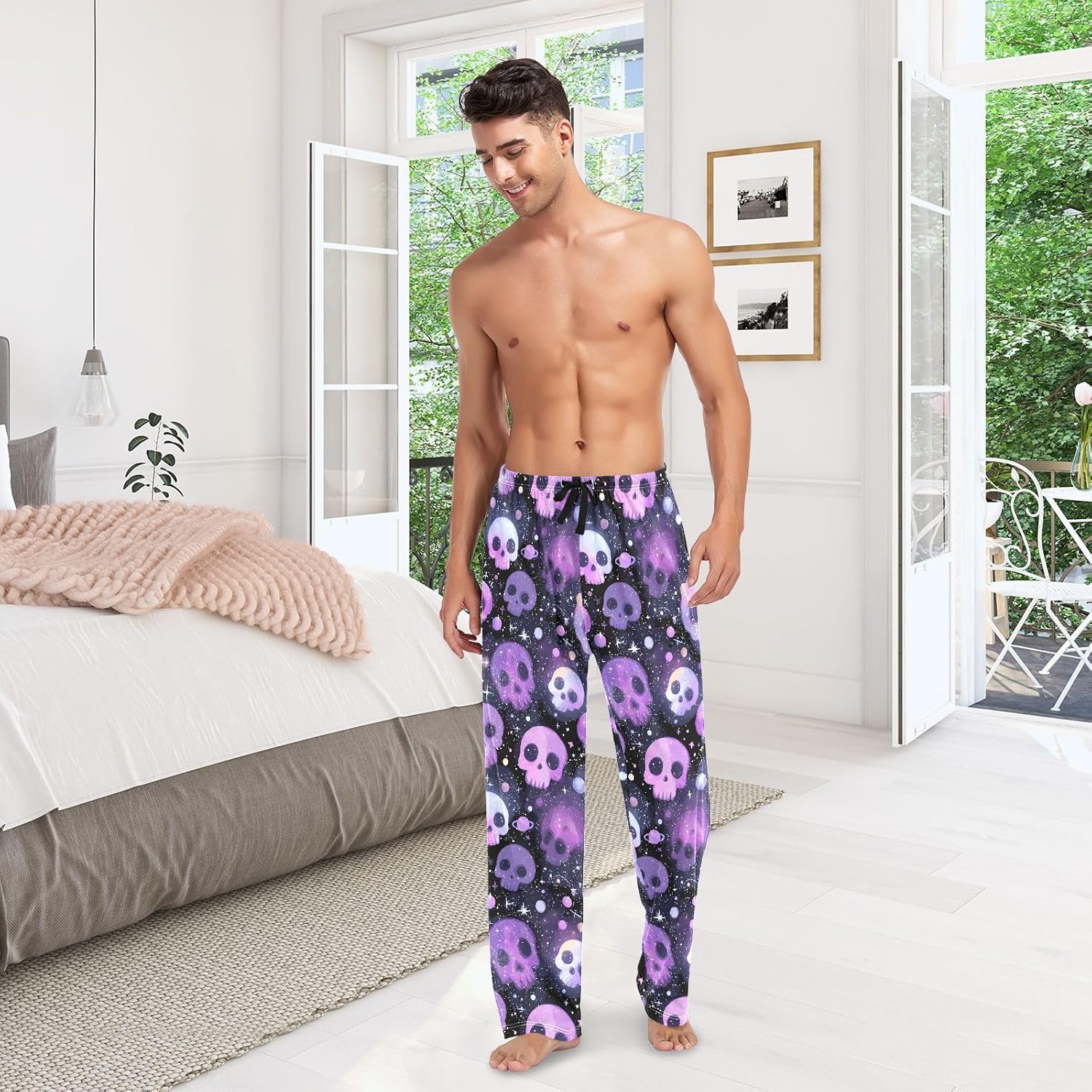 ALAZA Purple Skull Starry Men's Pajama Pants Men Cotton Pajama Bottoms with Pockets, S