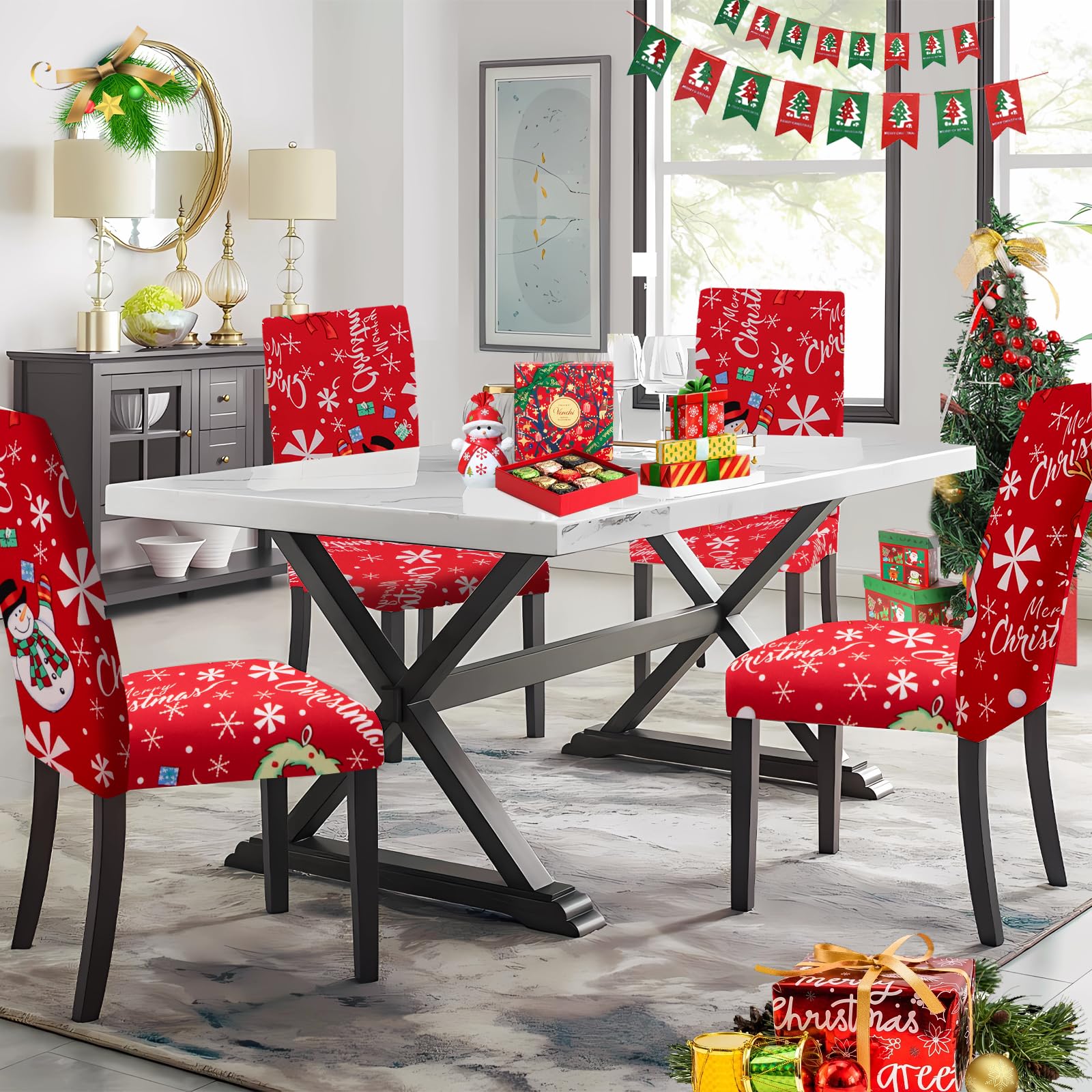 FIGOOO Coprisedie Natalizie con Schienale 6 Pezzi Xmas Coprisedia per Sala da Pranzo Spandex Fodera per Sedia da Cucina Coprisedia Decorativo Natalizio(Fiocchi di Neve,6pcs)