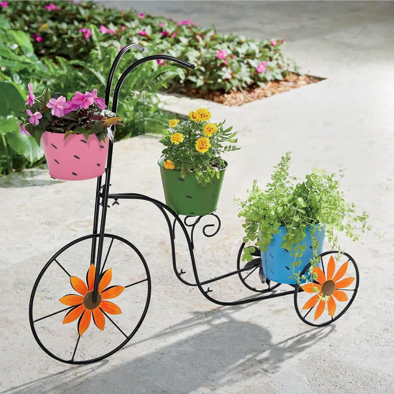 Thrink Metal Bicycle Planter Basket Stand – Decorative Flower Pot Cart For Garden, Patio, Deck, Entry, And Porch Décor