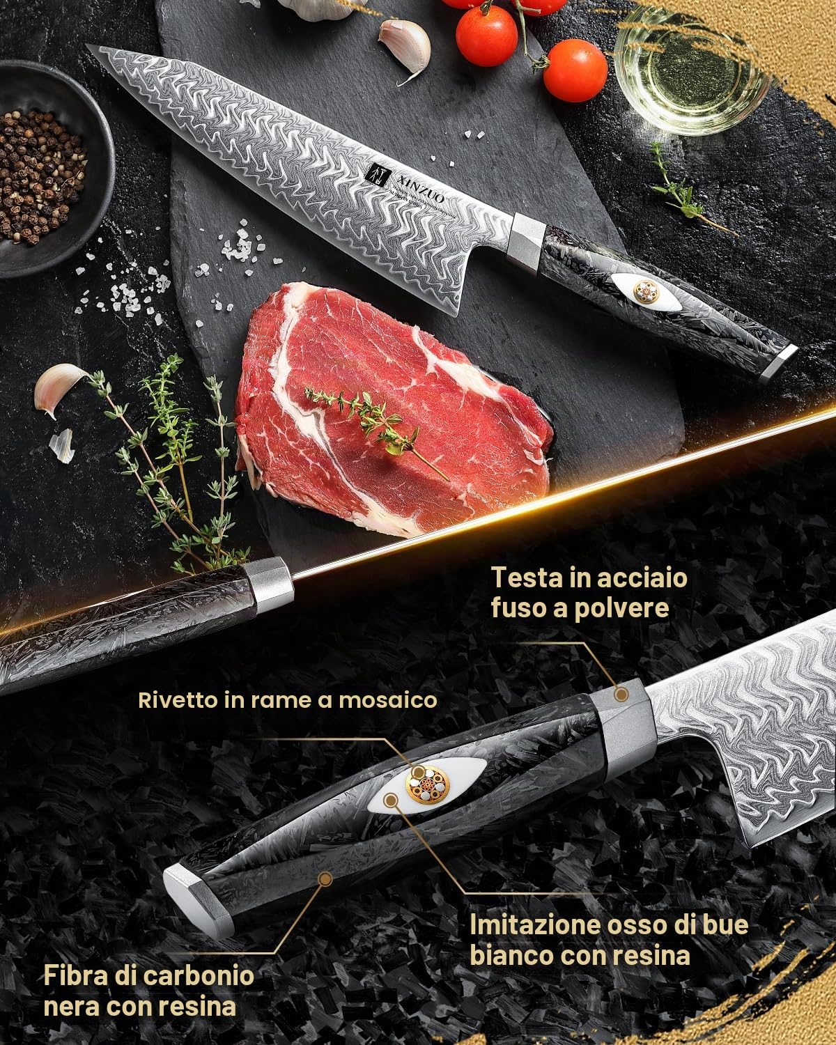 XINZUO 21,5cm Coltello da Cuoco Acciaio Damasco a 145 Strati Forgiato a Mano Professionale Coltello da Chef da Cucina -Acciaio in Polvere M390 Austriaco -Manico in Resina di Fibra di Carbonio Nera