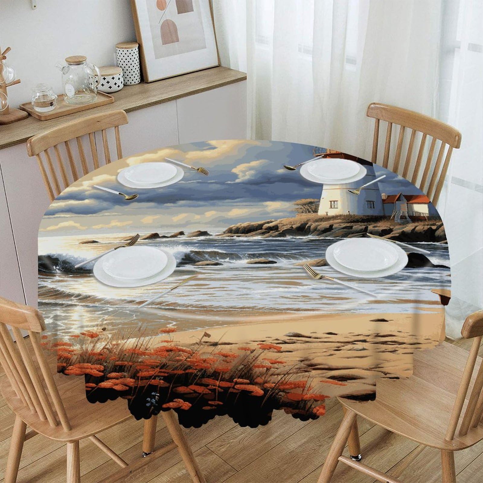 FekiLoot Sea Lighthouse Sandbeach Round Tablecloths 60 Inch Resistant Washable Polyester Table Cloth Style Decorative Circle Fabric Table Cover for Dining Kitchen Party Farmhouse Outdoor