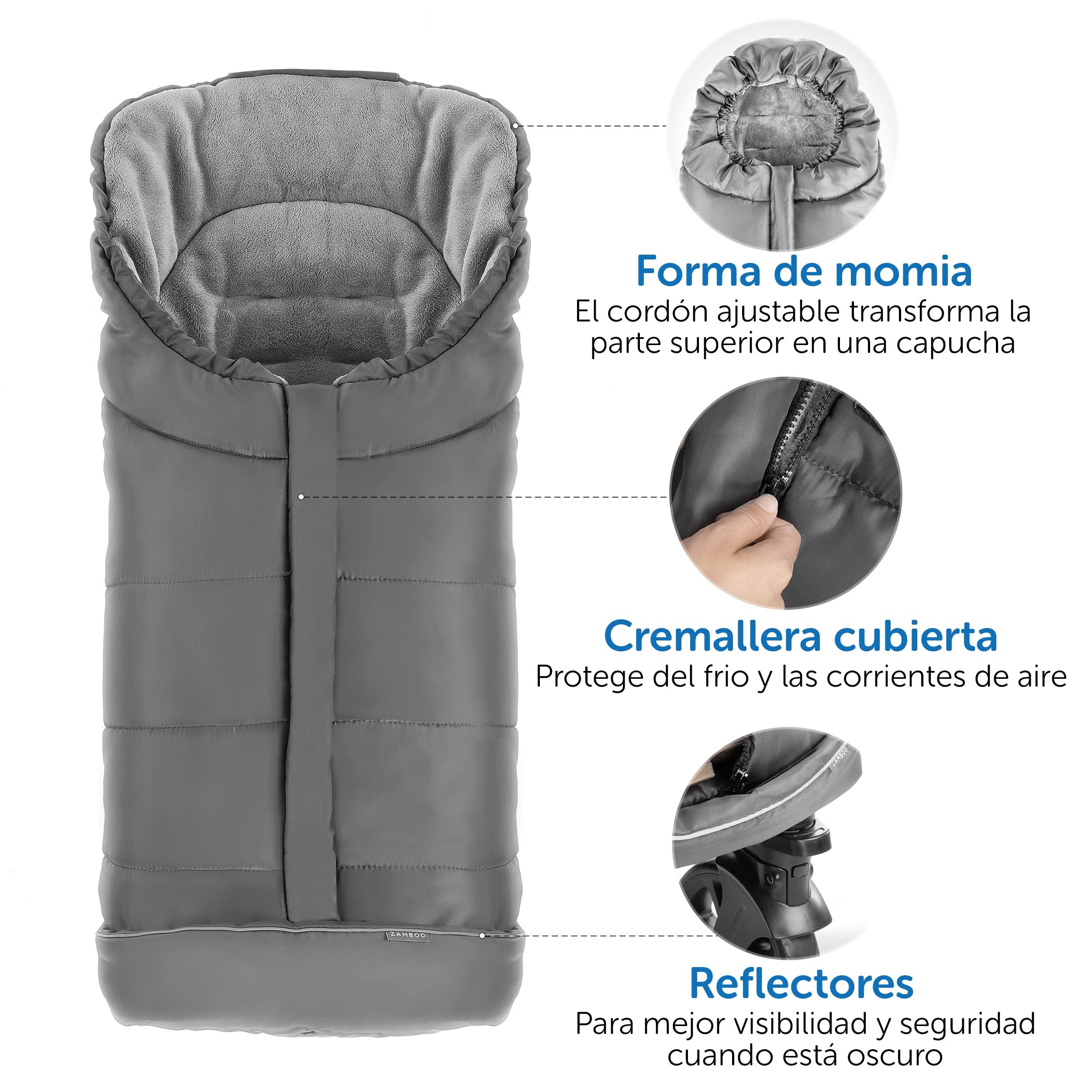 Zamboo Saco Universal para Bebé en Carro o Capazo – Abrigo de Invierno con Forro Polar Térmico - Compatible con Arnés de 3 y 5 Puntos - Reflectores de Seguridad y Bolsa de Transporte – Gris