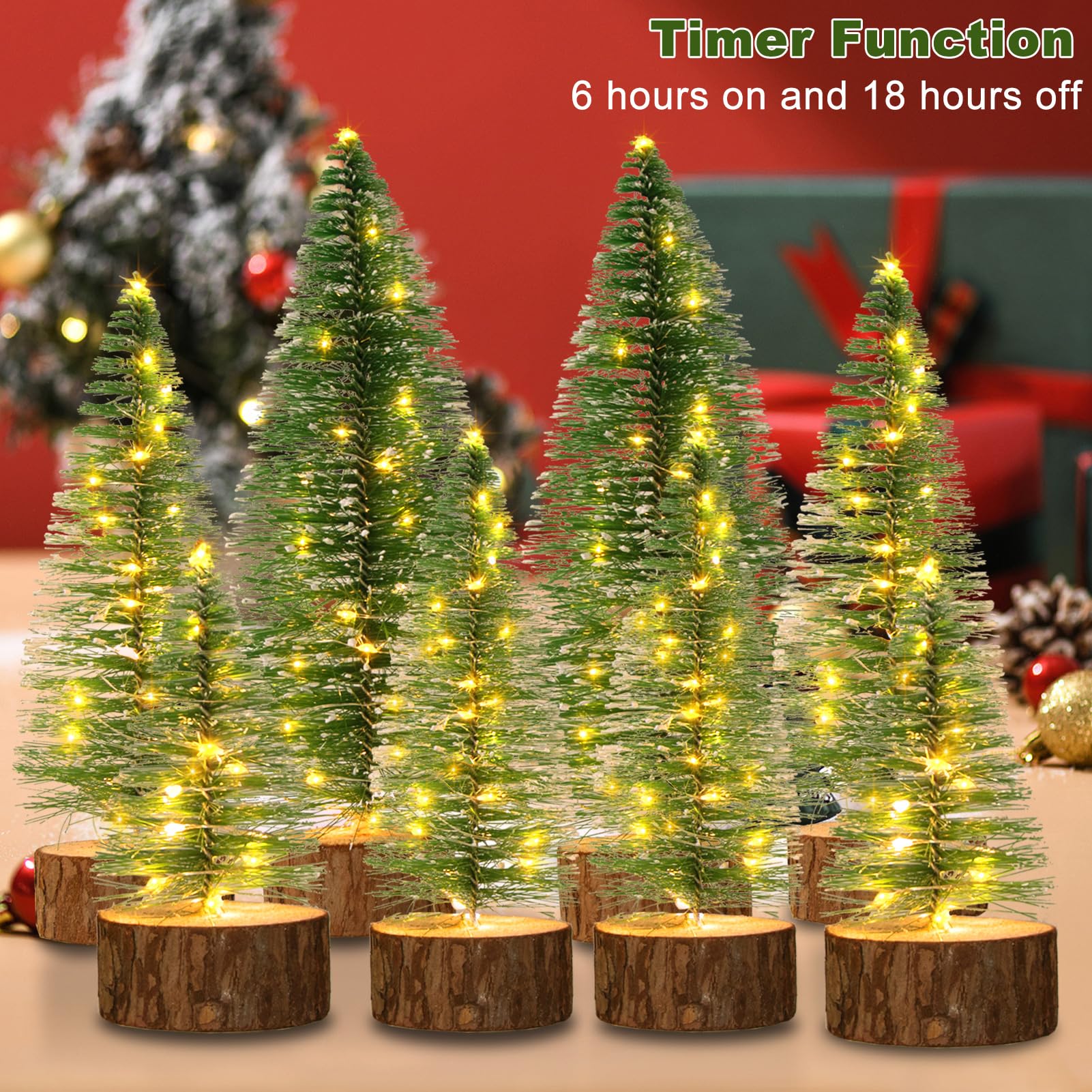 8 mini árboles de Navidad, 2 modos, árboles artificiales con temporizador, cadena de luces LED, pinos pequeños con base de madera para decoración del hogar (blanco cálido)